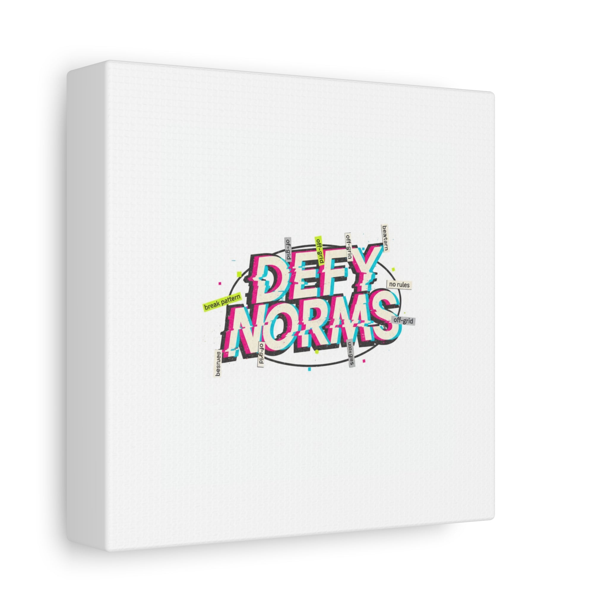 Defy Norms Canvas, Anti-Aesthetic Glitch Typography, Brutalist Poster Style