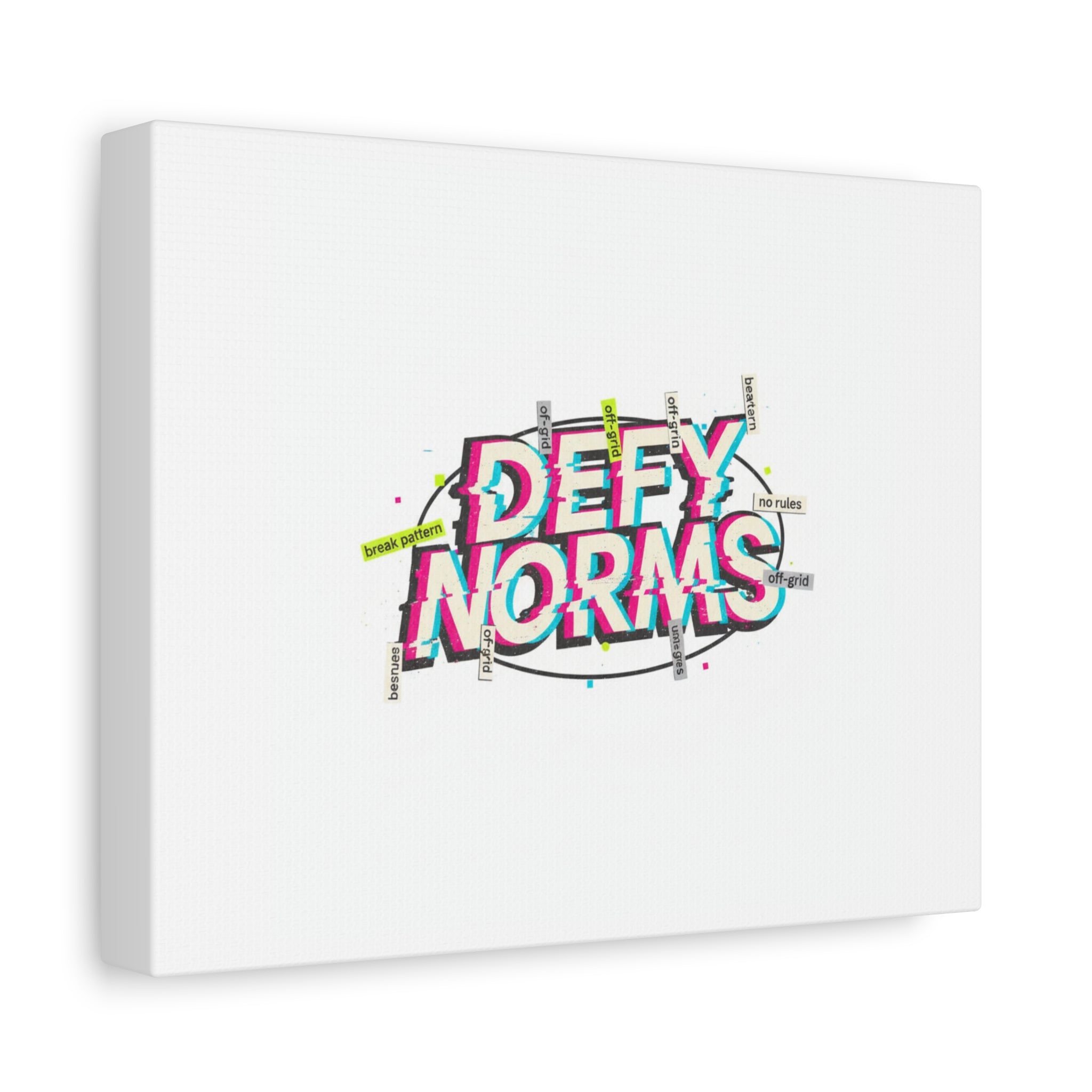 Defy Norms Canvas, Anti-Aesthetic Glitch Typography, Brutalist Poster Style