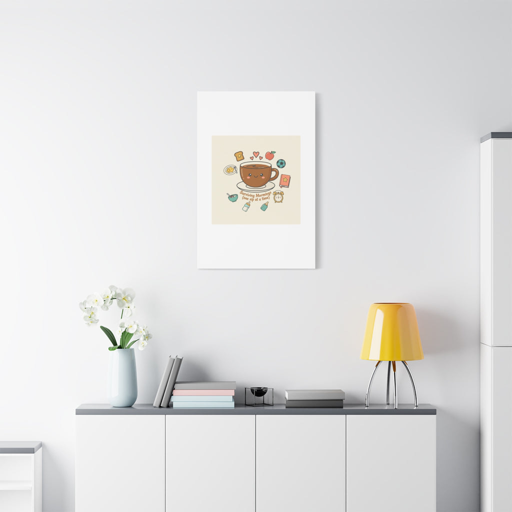 Surviving Mornings (One Sip at a Time) Canvas | Parenting Morning Humor, Coffee & Kids