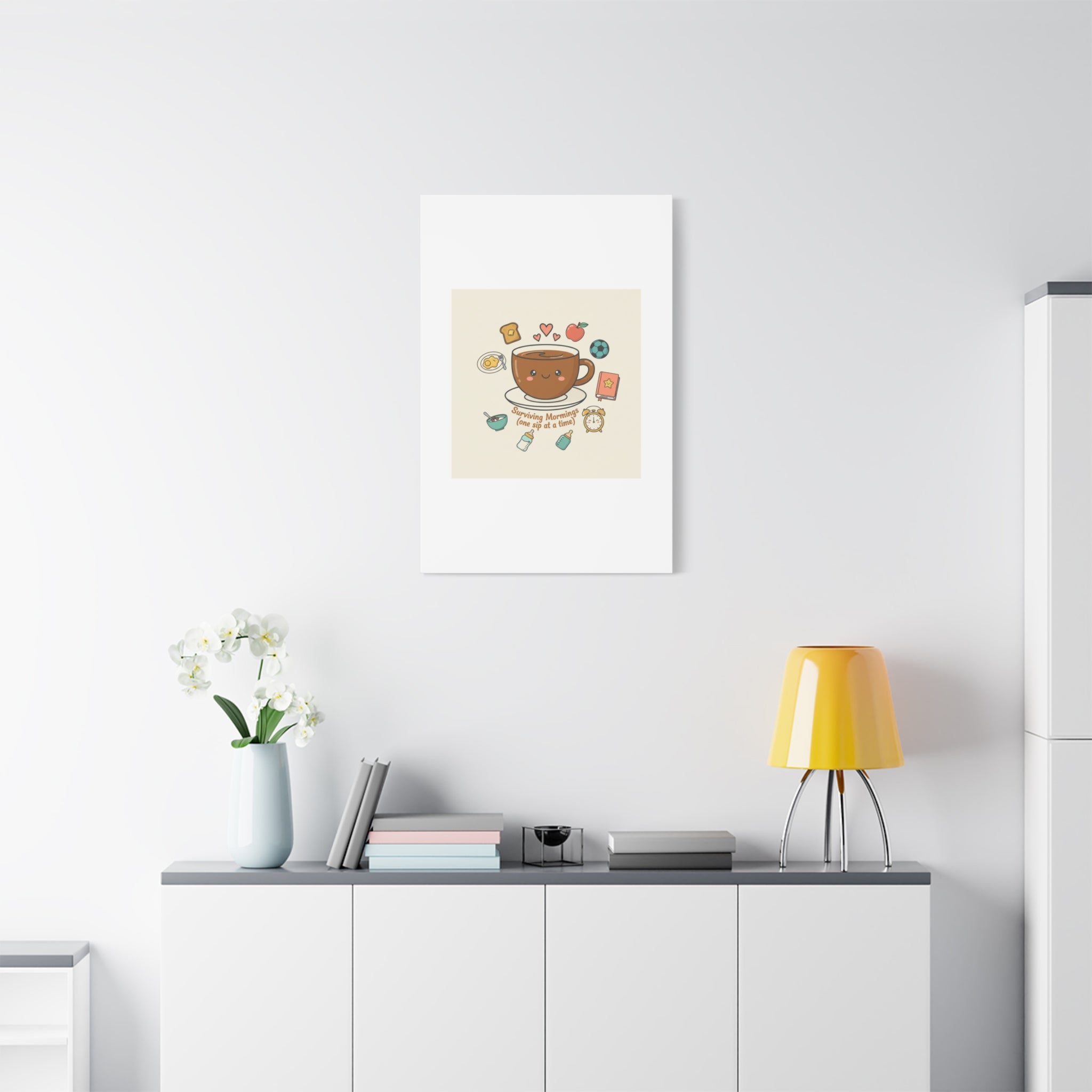 Surviving Mornings (One Sip at a Time) Canvas | Parenting Morning Humor, Coffee & Kids