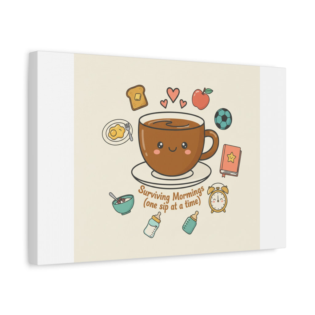 Surviving Mornings (One Sip at a Time) Canvas | Parenting Morning Humor, Coffee & Kids