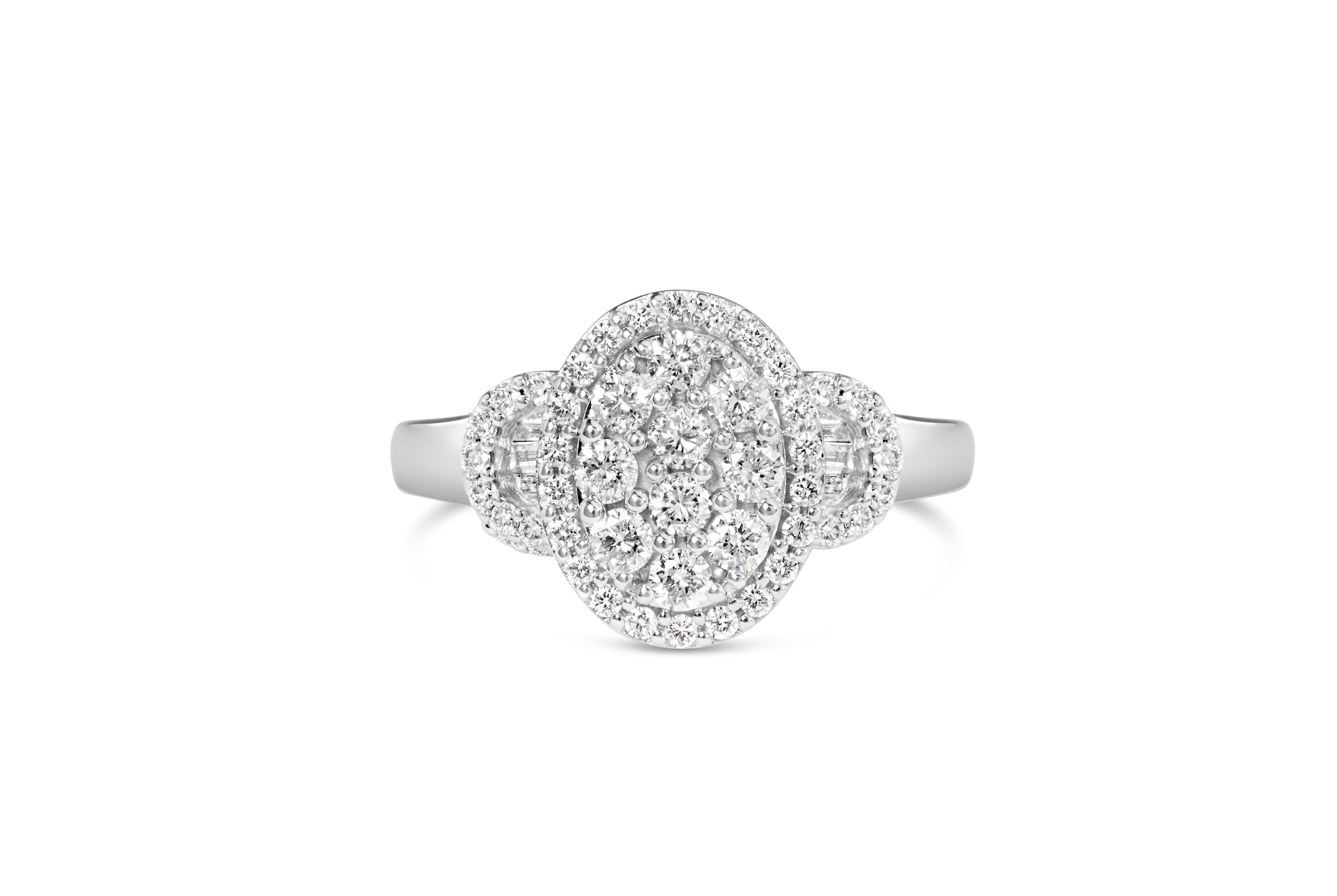 10K White Gold 1.0 Cttw Diamond Oval Cluster with Halo Vintage-Inspired Art Deco Buckle Style Statement Ring (G-H Color, SI1-SI2 Clarity) - Size 7