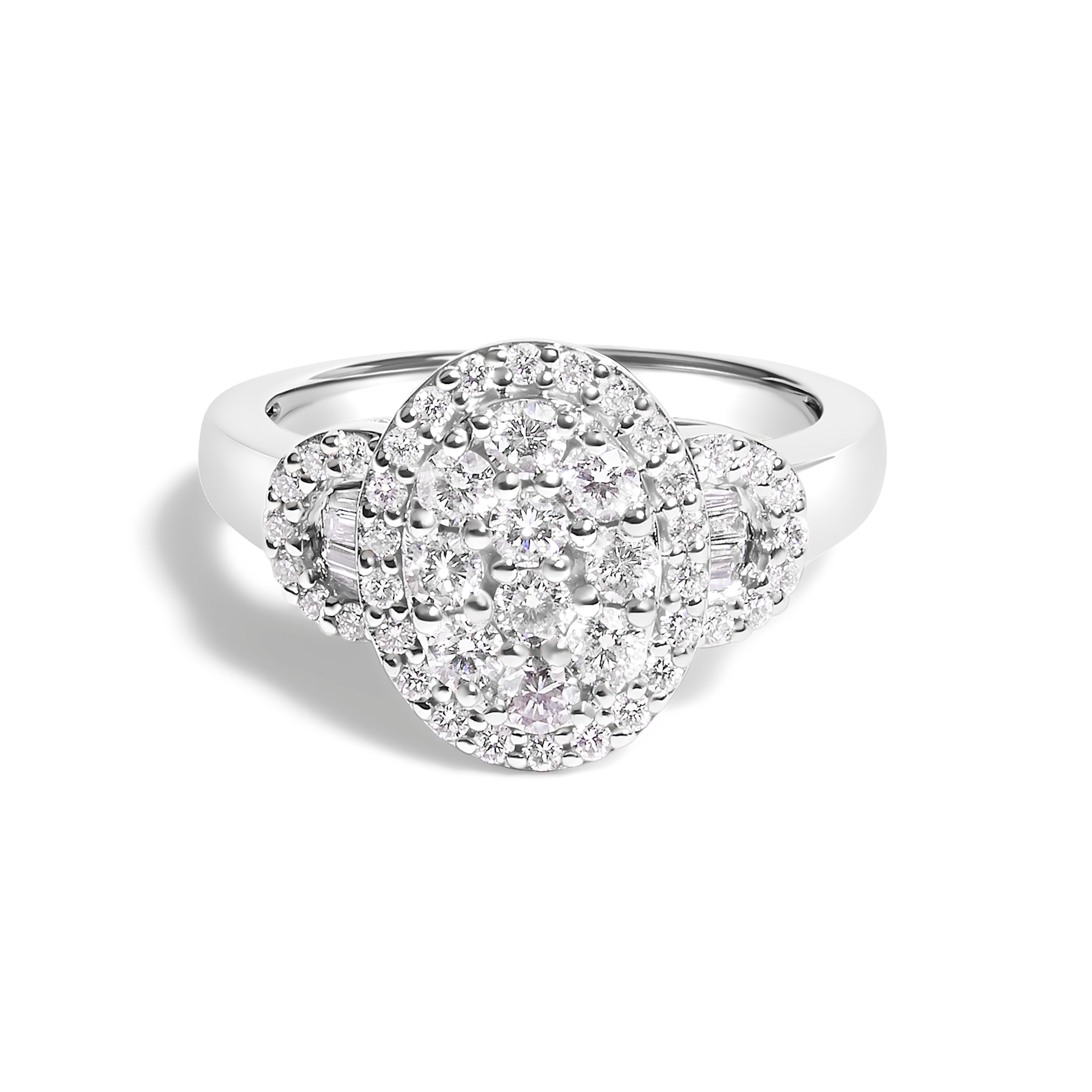 10K White Gold 1.0 Cttw Diamond Oval Cluster with Halo Vintage-Inspired Art Deco 3 Stone Style Statement Ring (G-H Color, SI1-SI2 Clarity) - Size 7