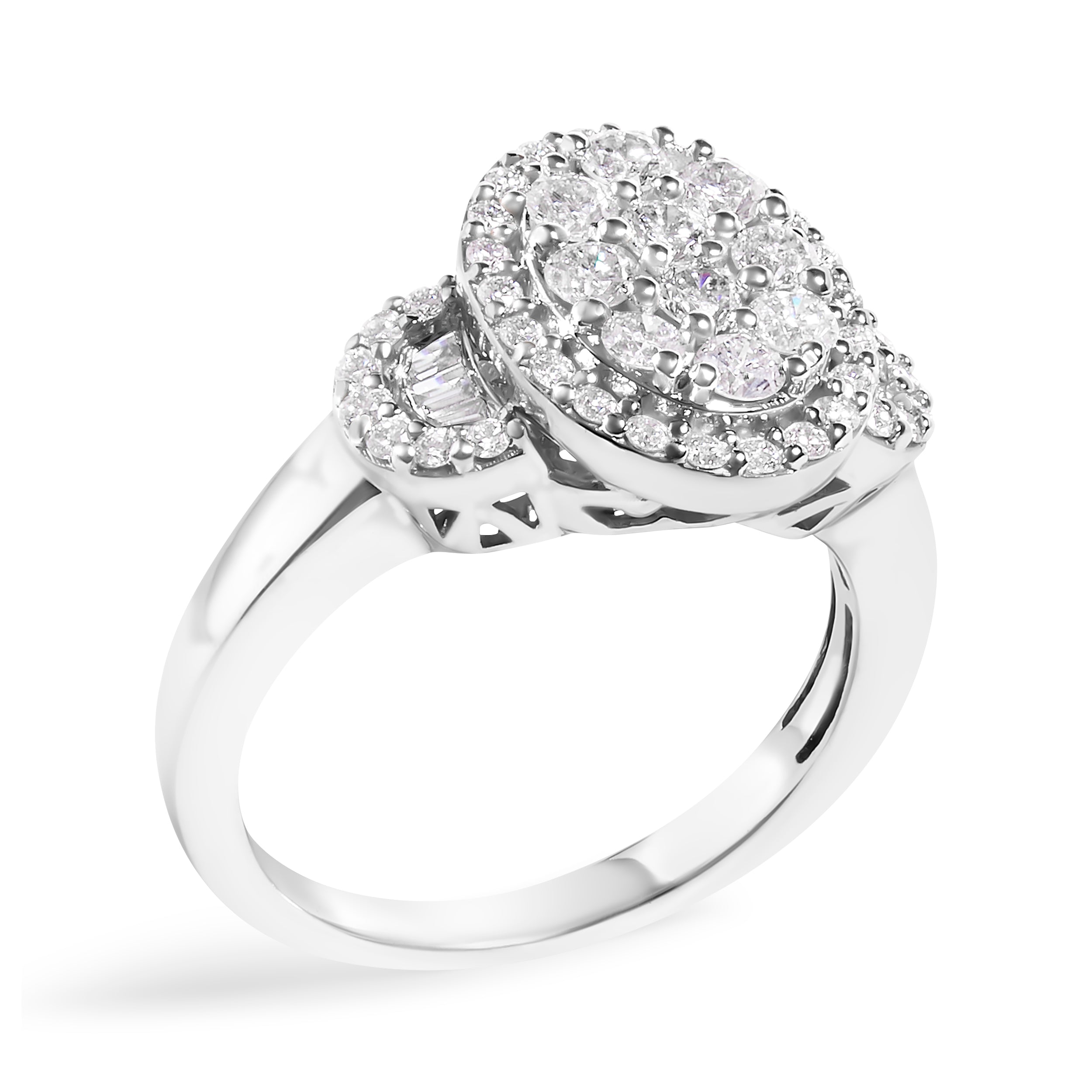 10K White Gold 1.0 Cttw Diamond Oval Cluster with Halo Vintage-Inspired Art Deco 3 Stone Style Statement Ring (G-H Color, SI1-SI2 Clarity) - Size 7