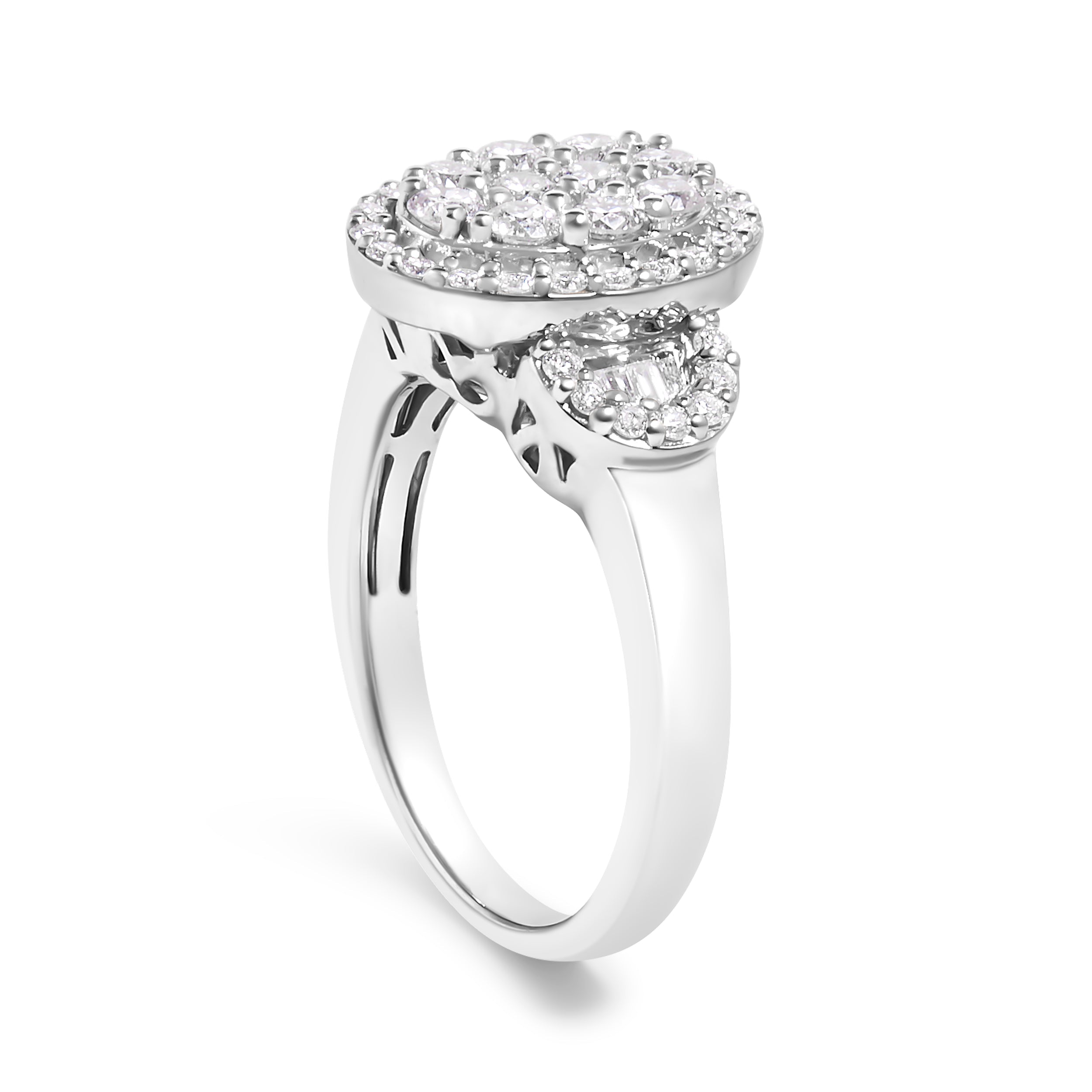 10K White Gold 1.0 Cttw Diamond Oval Cluster with Halo Vintage-Inspired Art Deco 3 Stone Style Statement Ring (G-H Color, SI1-SI2 Clarity) - Size 7