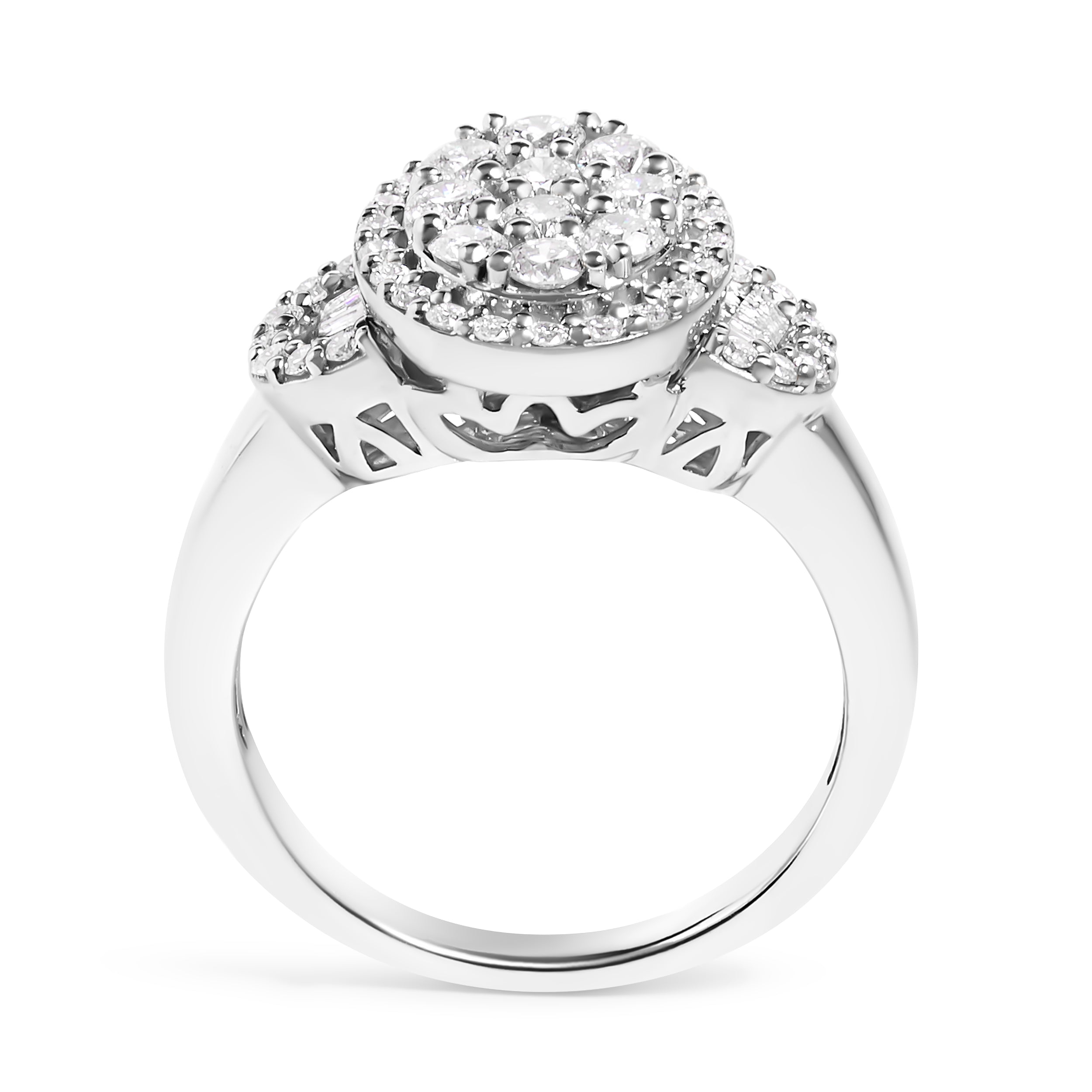 10K White Gold 1.0 Cttw Diamond Oval Cluster with Halo Vintage-Inspired Art Deco 3 Stone Style Statement Ring (G-H Color, SI1-SI2 Clarity) - Size 7