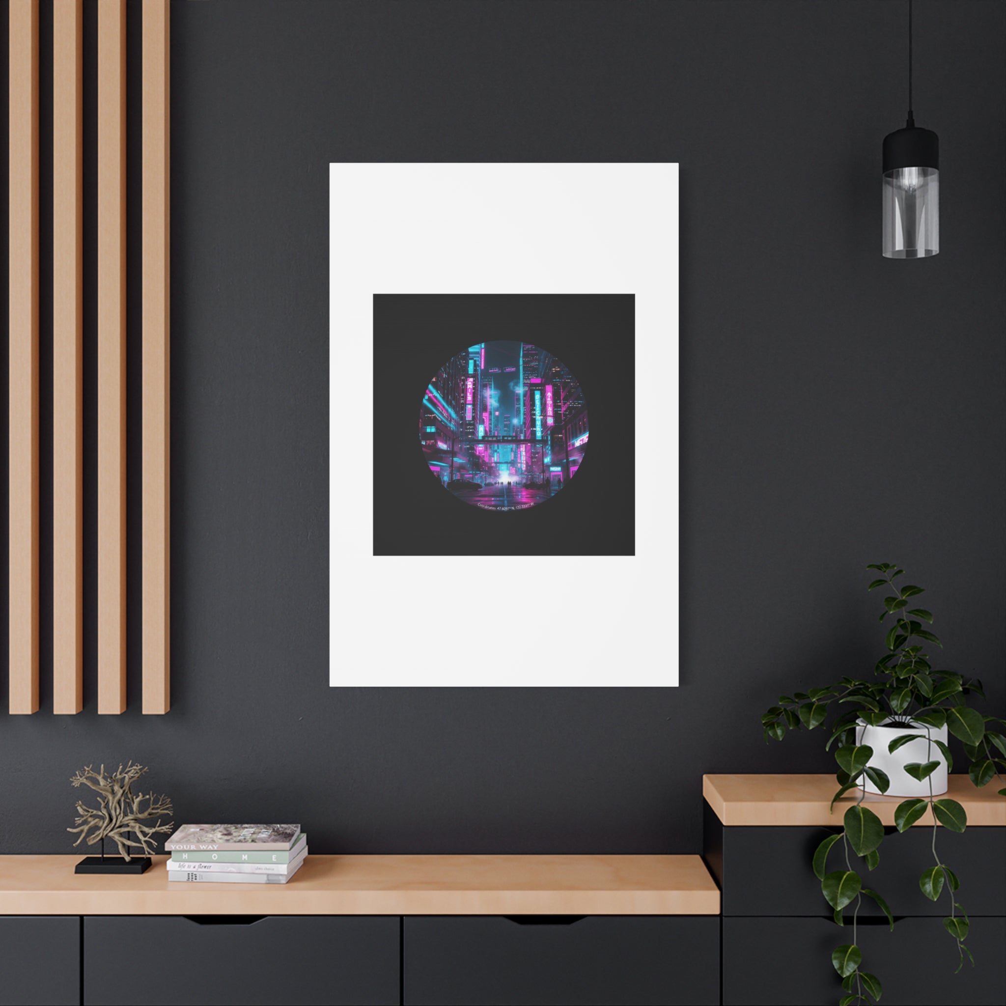 Neon Cyberpunk Cityscape Canvas | synthwave skyline, future city art