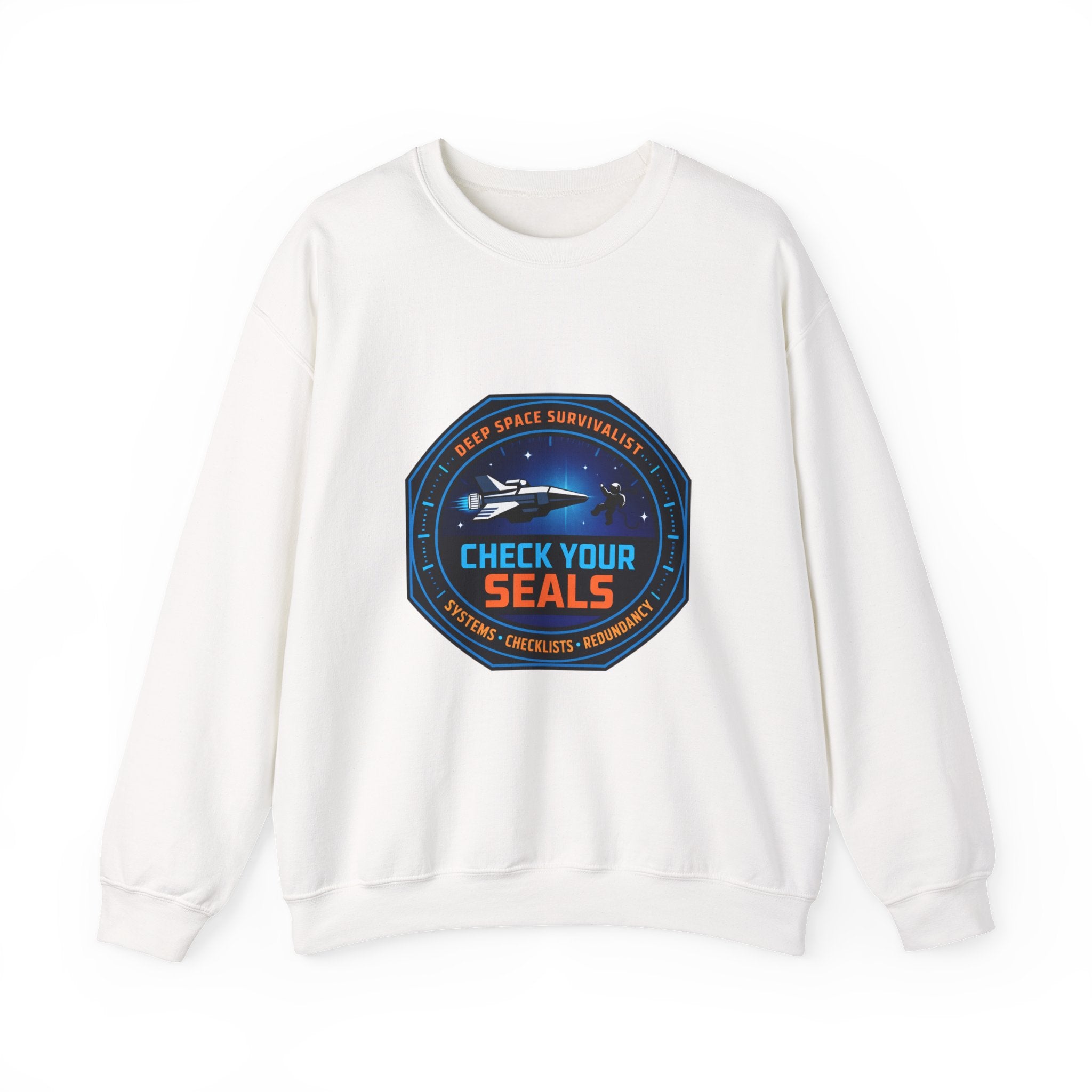 Check Your Seals Mission Patch Crewneck, hard sci‑fi space survival, mission patch sweatshirt