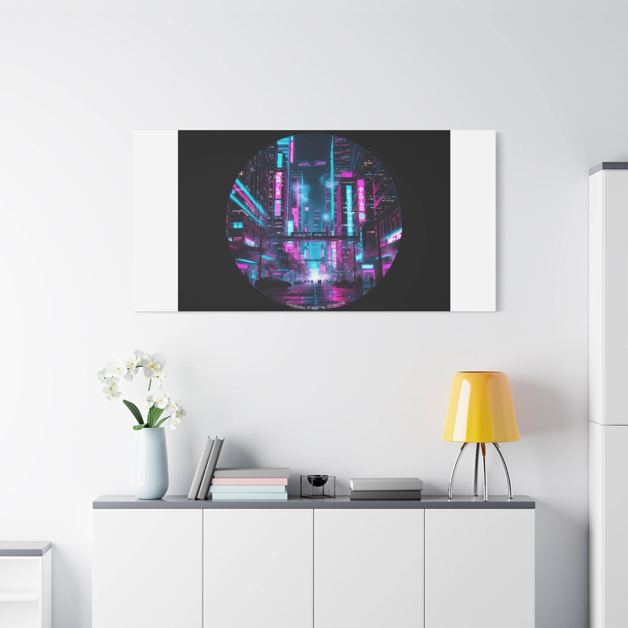 Neon Cyberpunk Cityscape Canvas | synthwave skyline, future city art