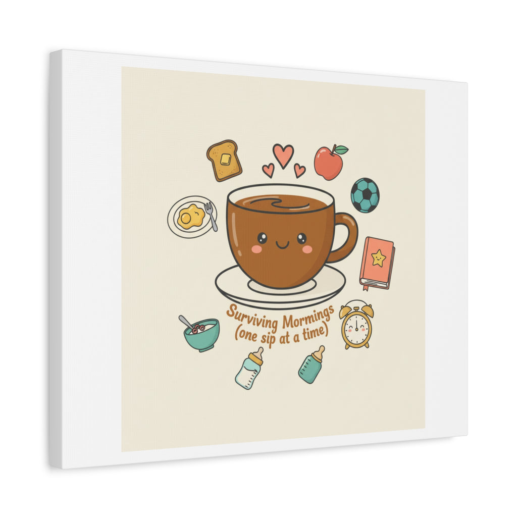 Surviving Mornings (One Sip at a Time) Canvas | Parenting Morning Humor, Coffee & Kids