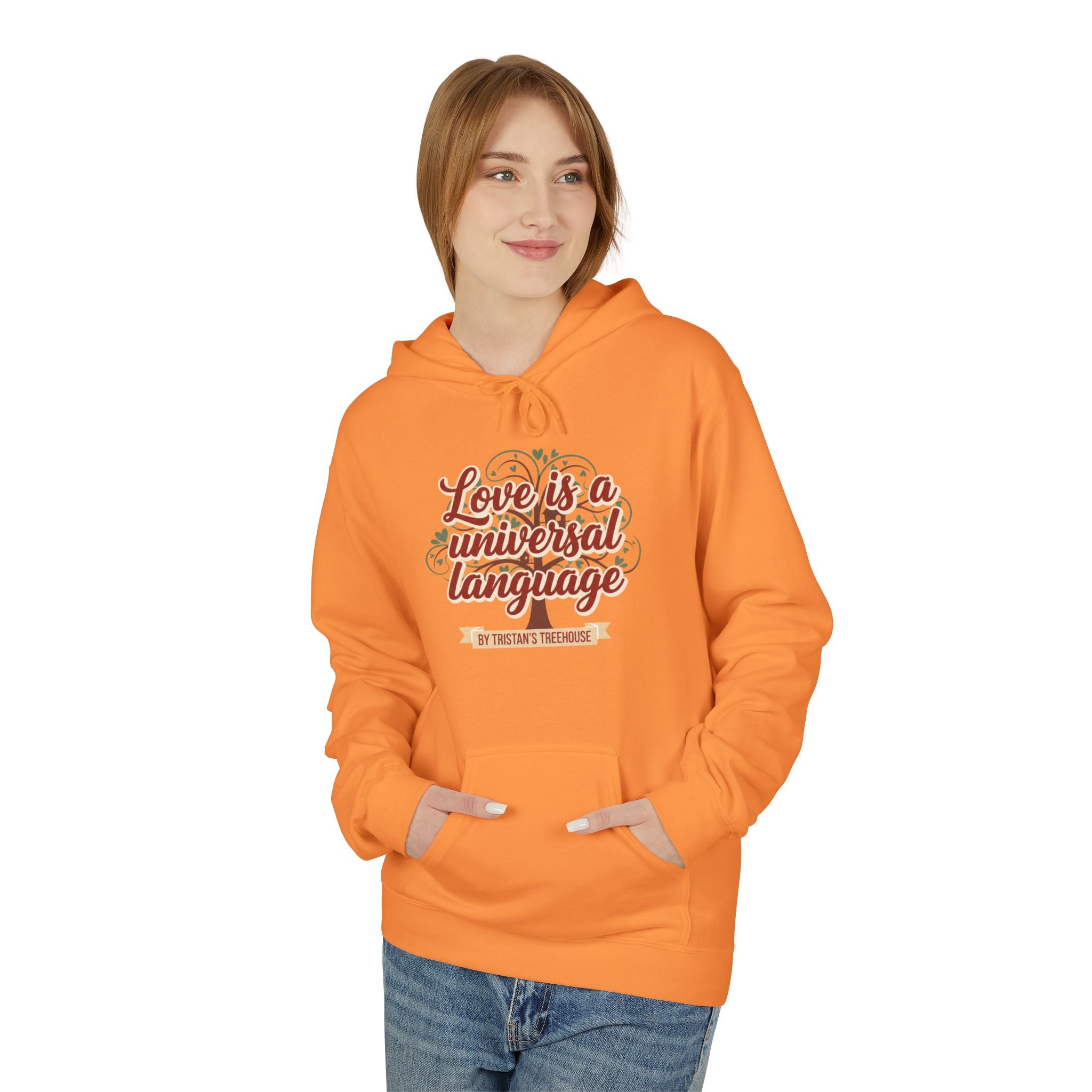 Hoodie — “Love is a Universal Language” Cozy Retro Cabin Graphic Hoodie