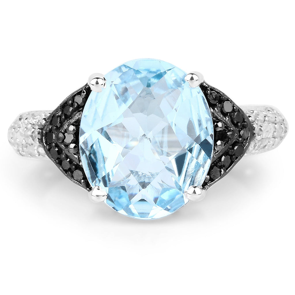 5.37 Carat Genuine Swiss Blue Topaz, Black Diamond & White Topaz .925 Sterling Silver Ring