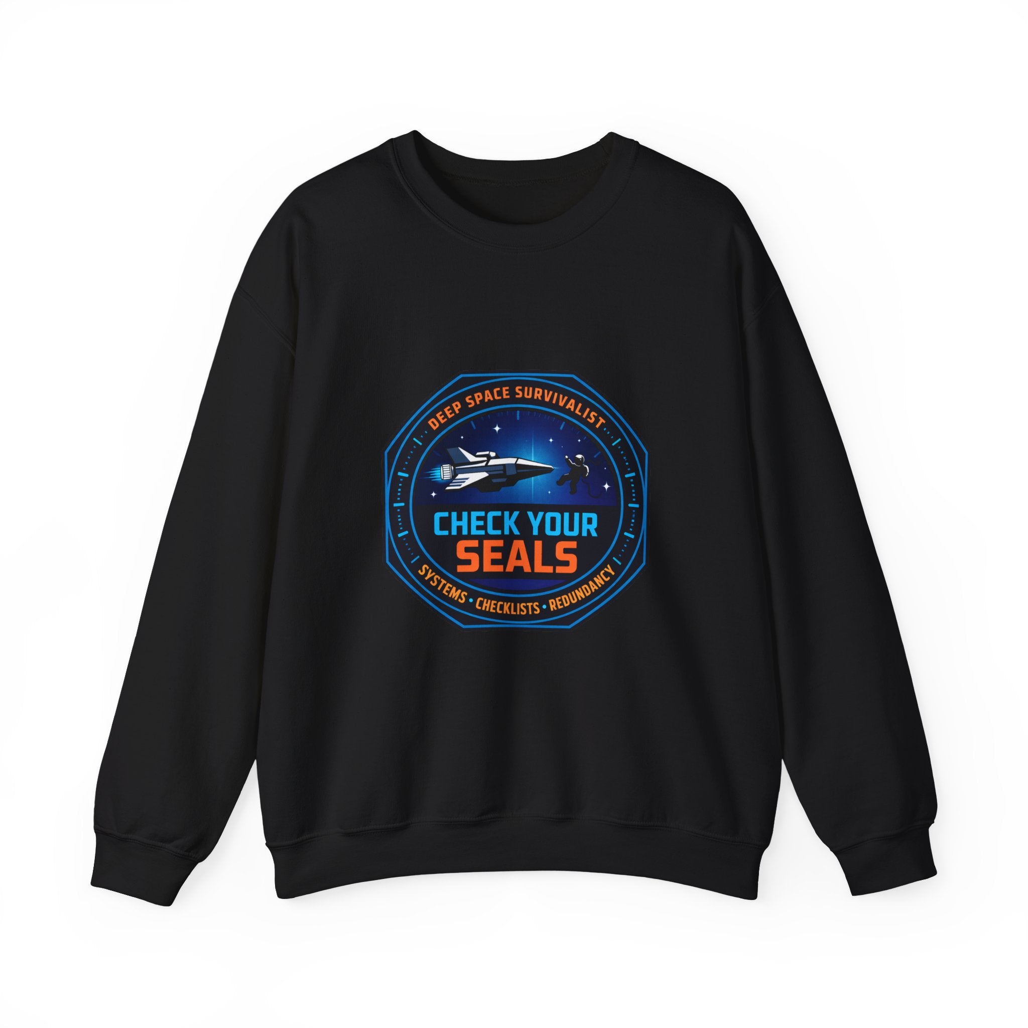 Check Your Seals Mission Patch Crewneck, hard sci‑fi space survival, mission patch sweatshirt
