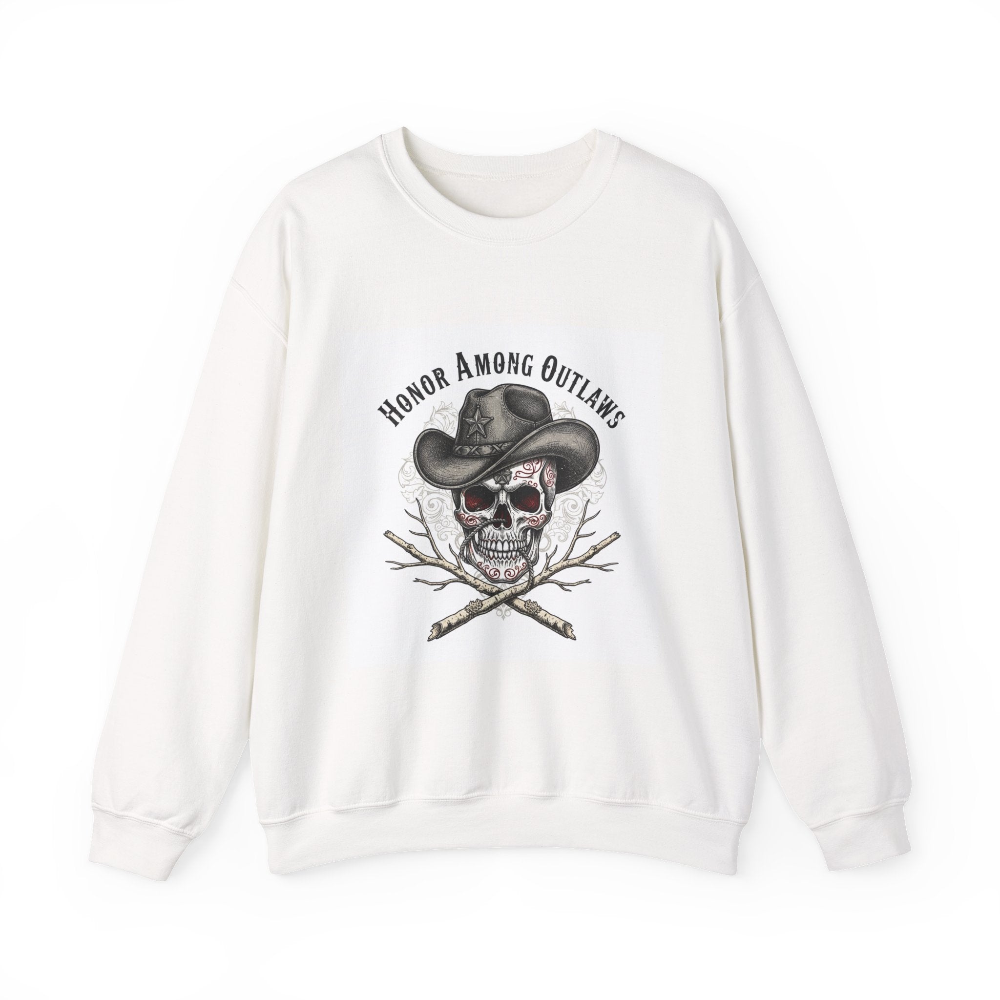 Honor Among Outlaws Crewneck, western skull art | gothic Americana, desert noir design