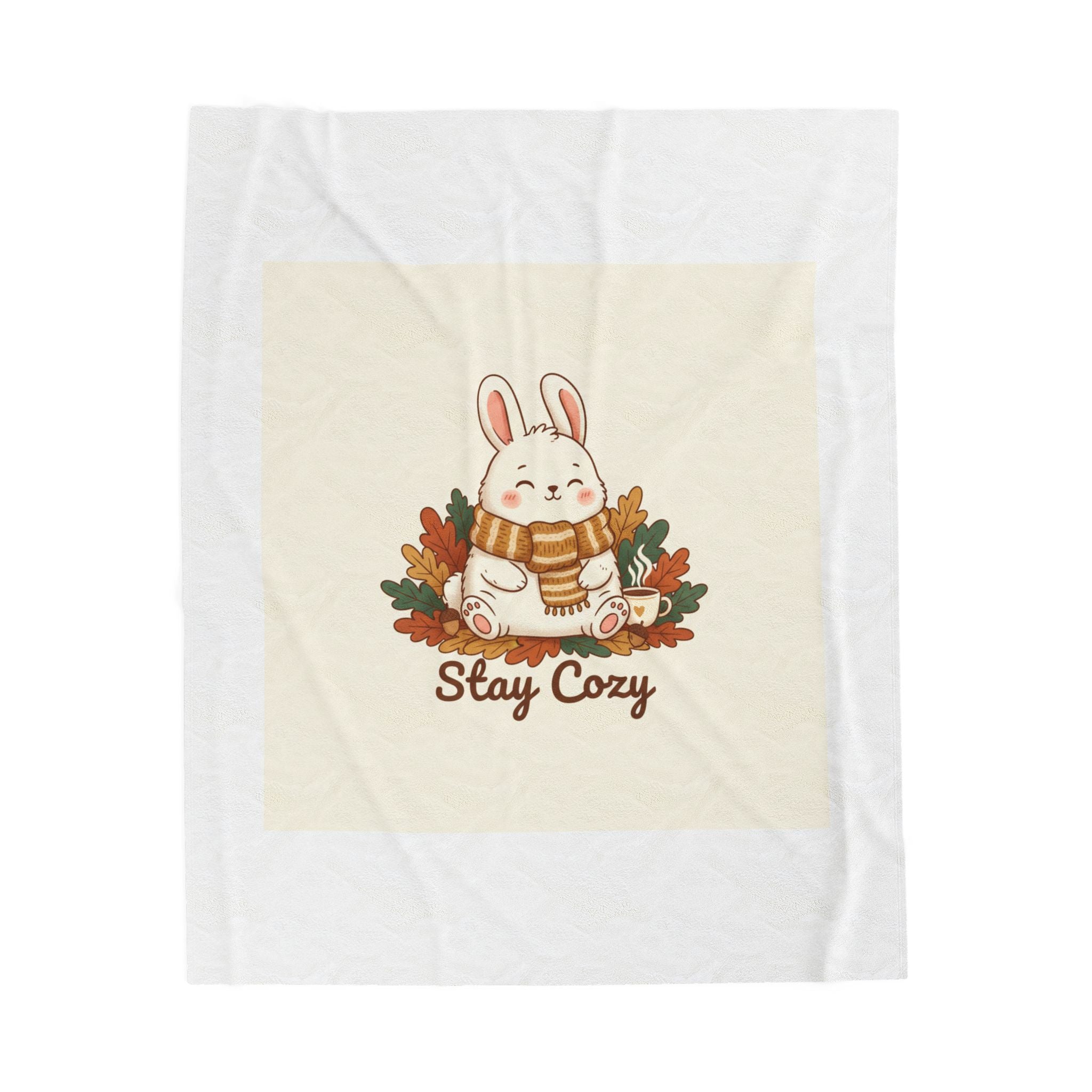 Stay Cozy Bunny, Plush Blanket | cute animal illustration, winter forest art