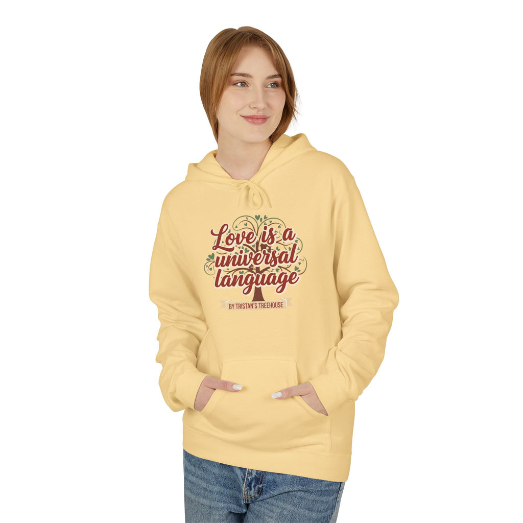 Hoodie — “Love is a Universal Language” Cozy Retro Cabin Graphic Hoodie