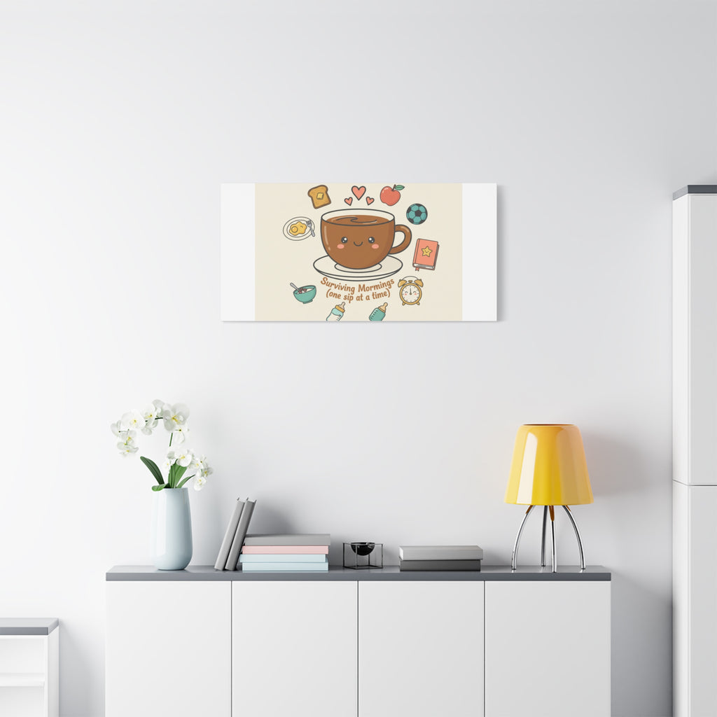 Surviving Mornings (One Sip at a Time) Canvas | Parenting Morning Humor, Coffee & Kids