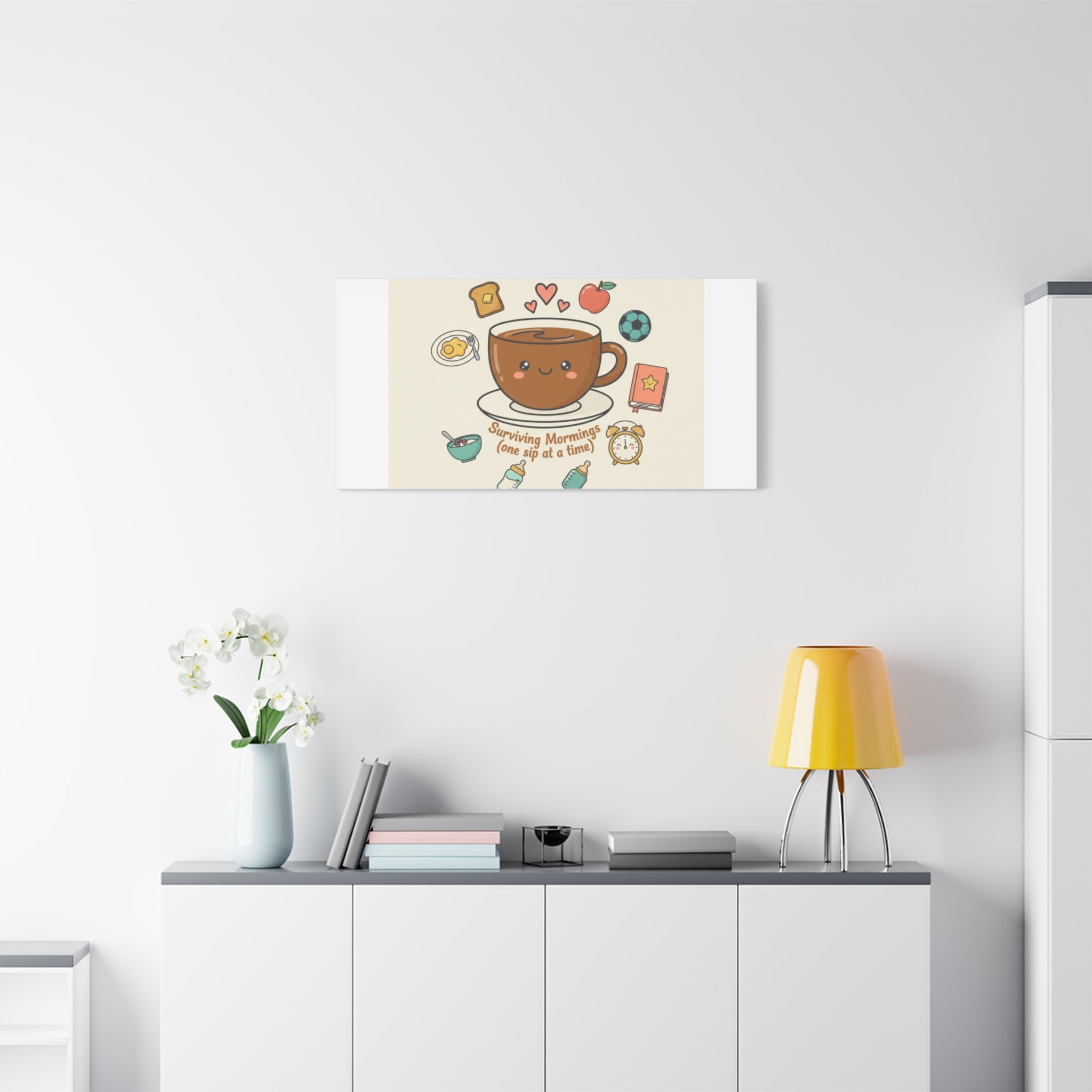 Surviving Mornings (One Sip at a Time) Canvas | Parenting Morning Humor, Coffee & Kids