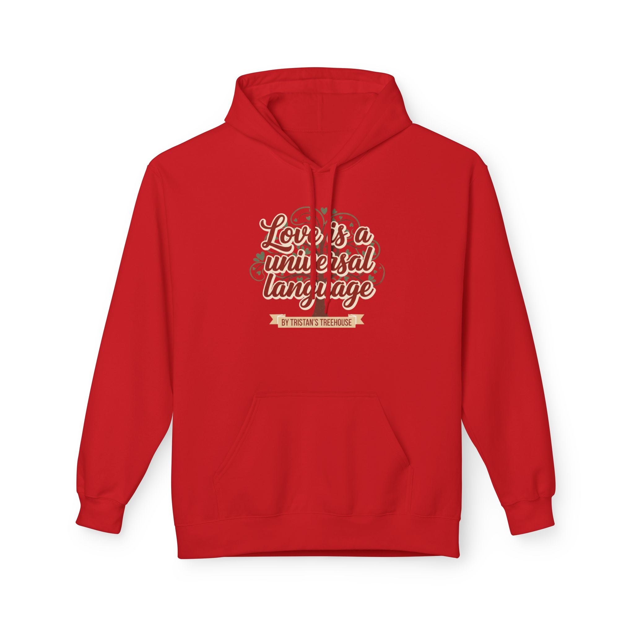 Hoodie — “Love is a Universal Language” Cozy Retro Cabin Graphic Hoodie
