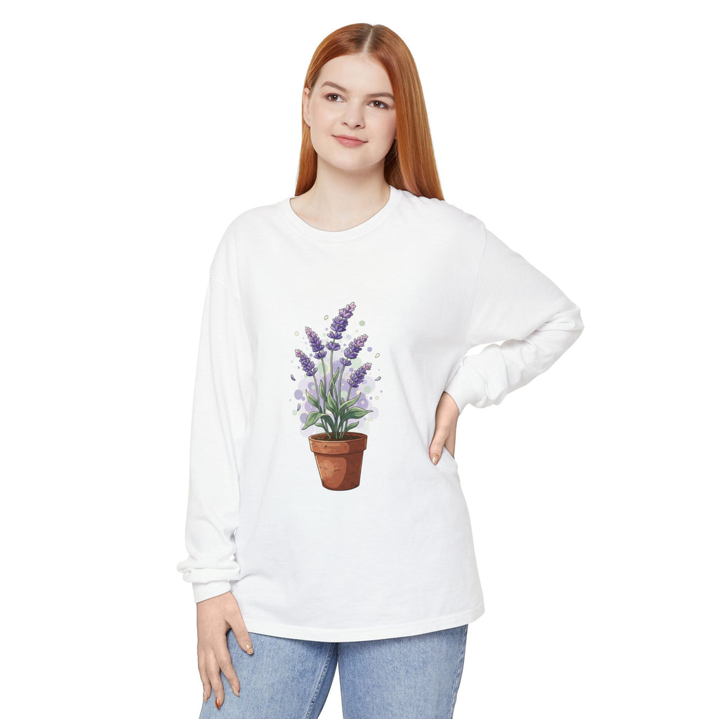 Lavender Potted Plant Long Sleeve Tee — Floral Botanical Shirt