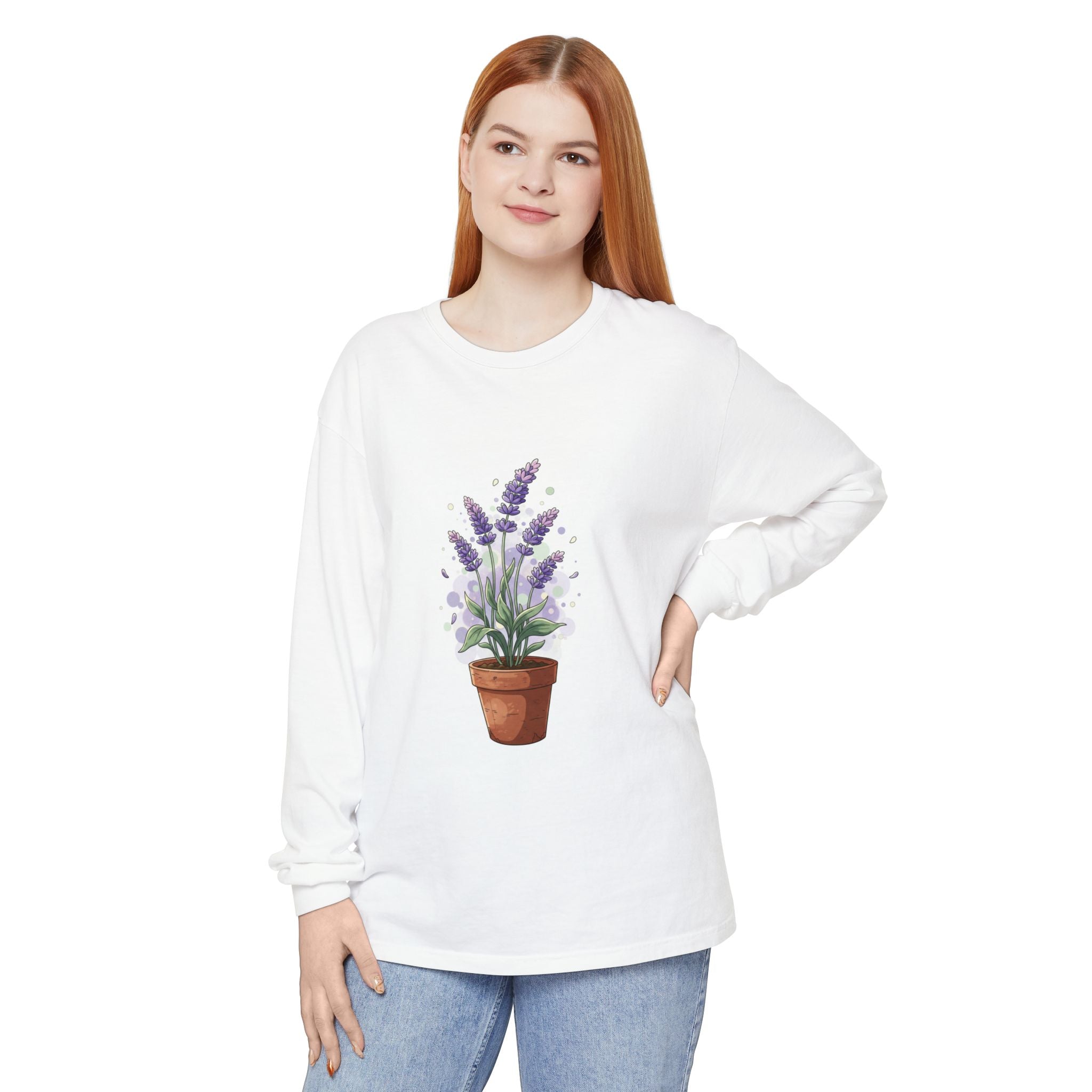 Lavender Potted Plant Long Sleeve Tee — Floral Botanical Shirt