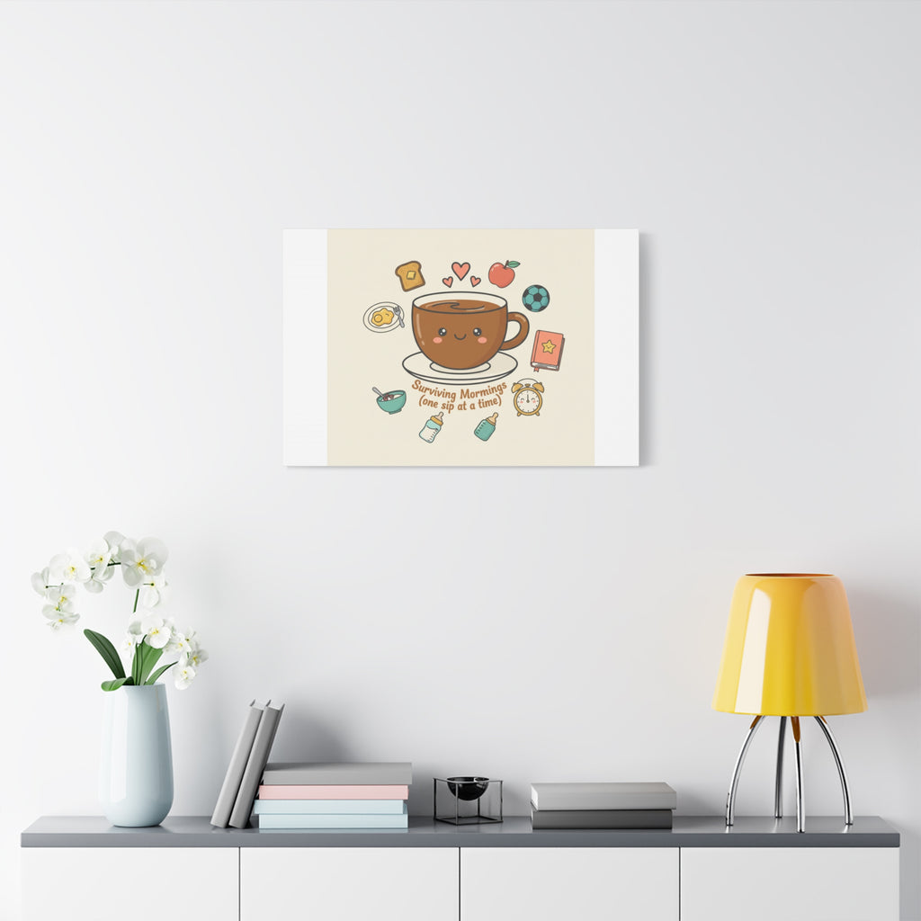 Surviving Mornings (One Sip at a Time) Canvas | Parenting Morning Humor, Coffee & Kids