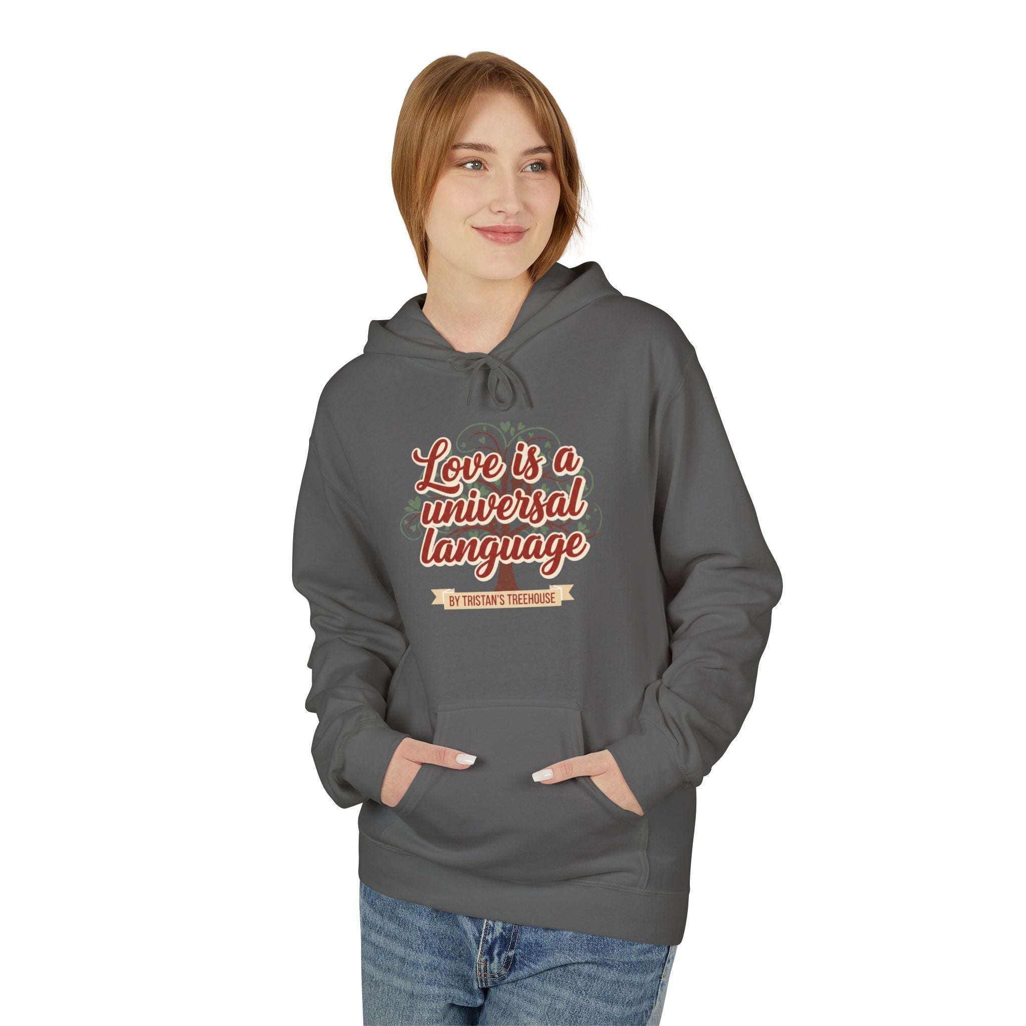 Hoodie — “Love is a Universal Language” Cozy Retro Cabin Graphic Hoodie