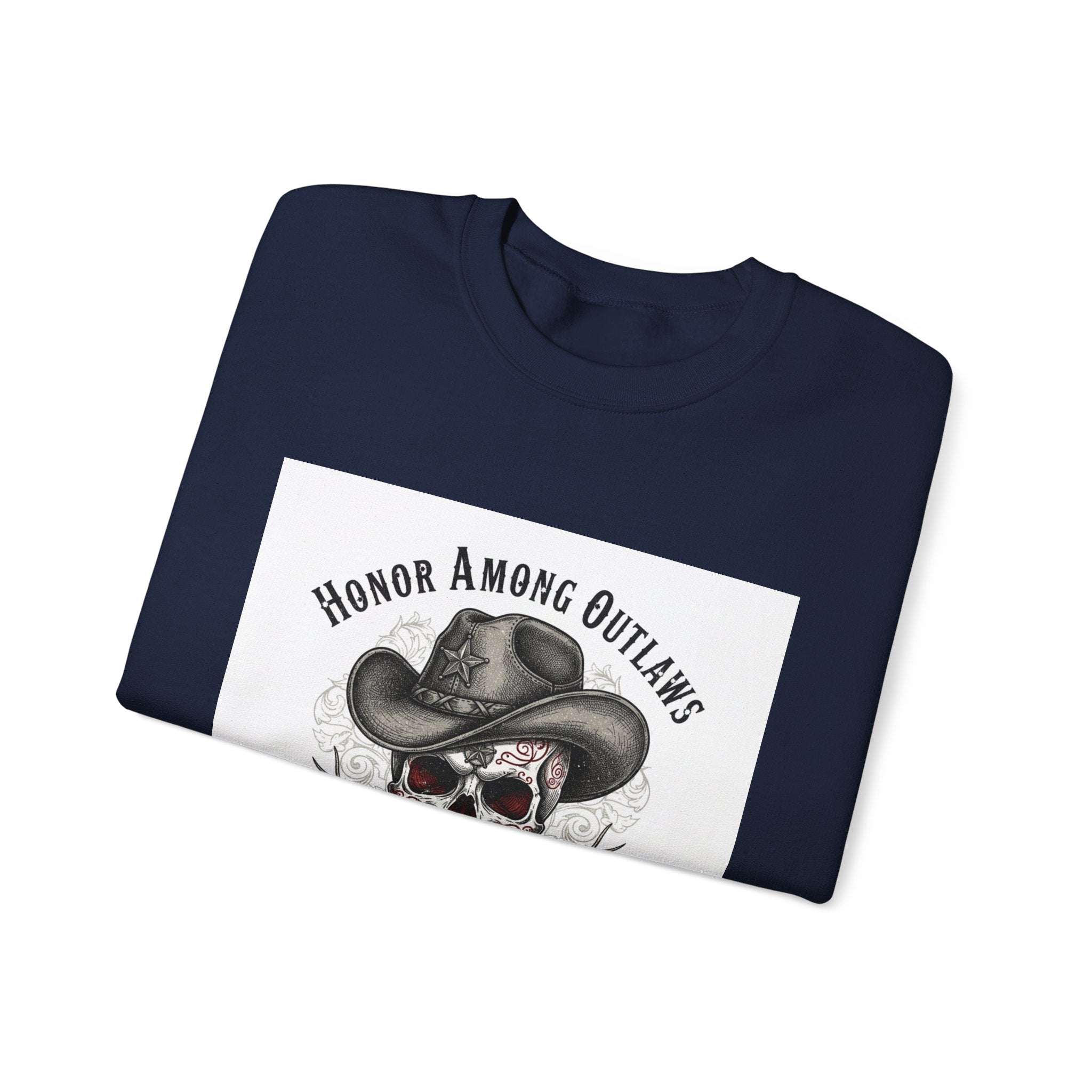 Honor Among Outlaws Crewneck, western skull art | gothic Americana, desert noir design