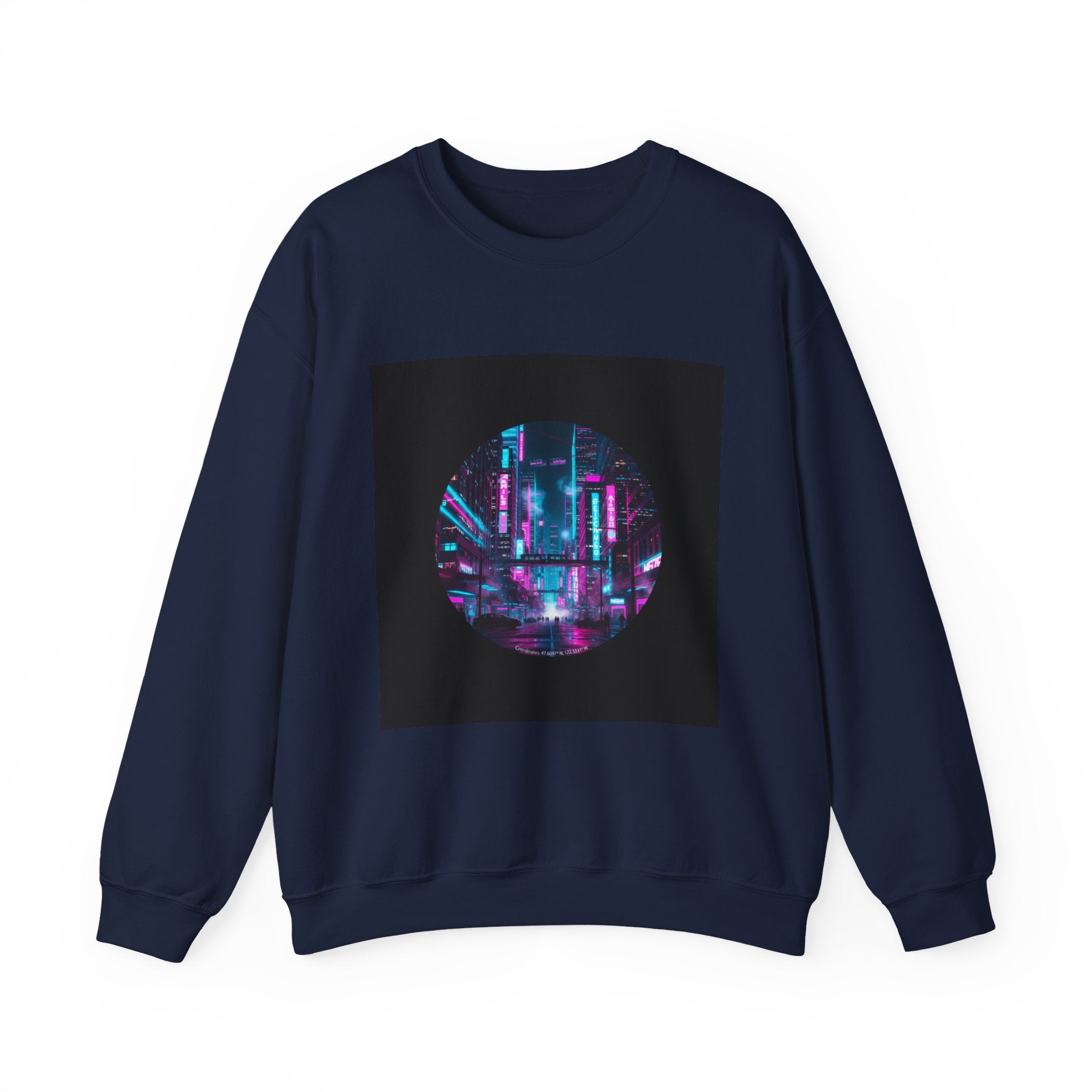 Neon Cyberpunk Skyline Sweatshirt | synthwave cityscape, future city art