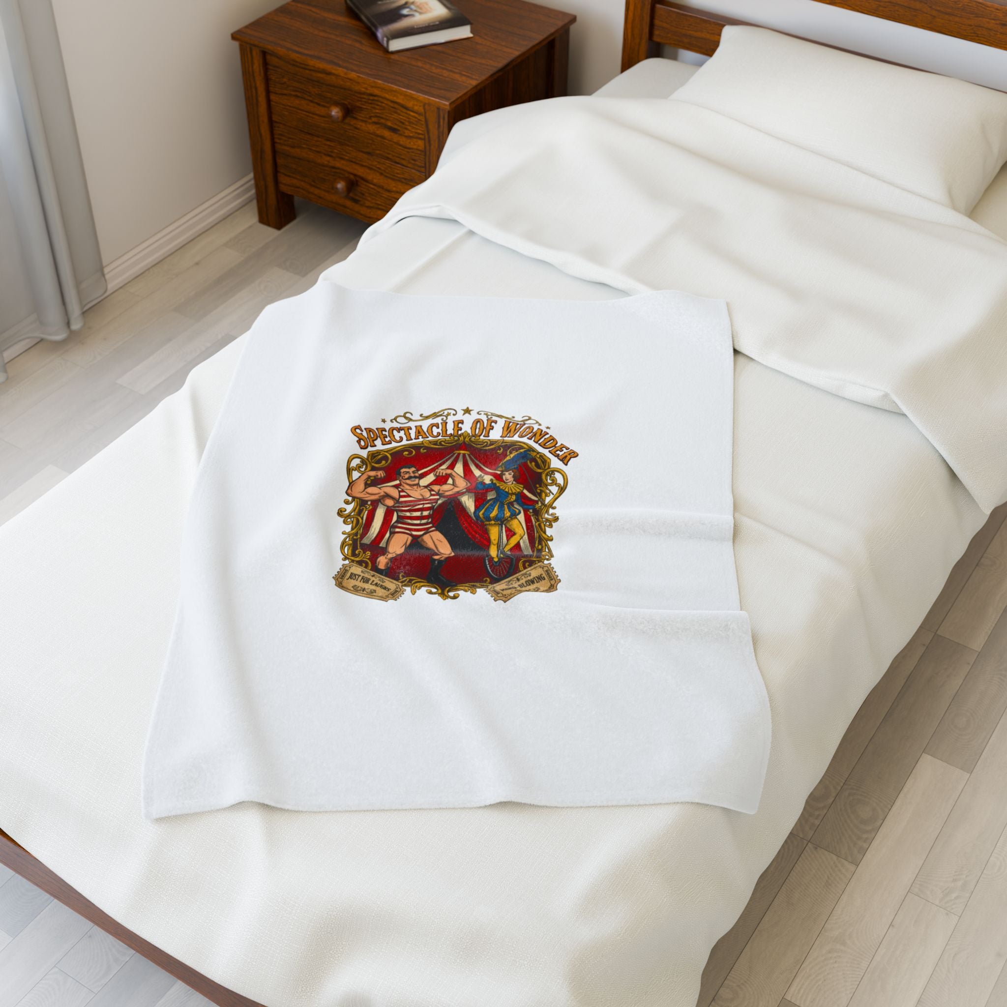 Circus Spectacle Crest Velveteen Plush Blanket | Vintage carnival design, camp circus aesthetic