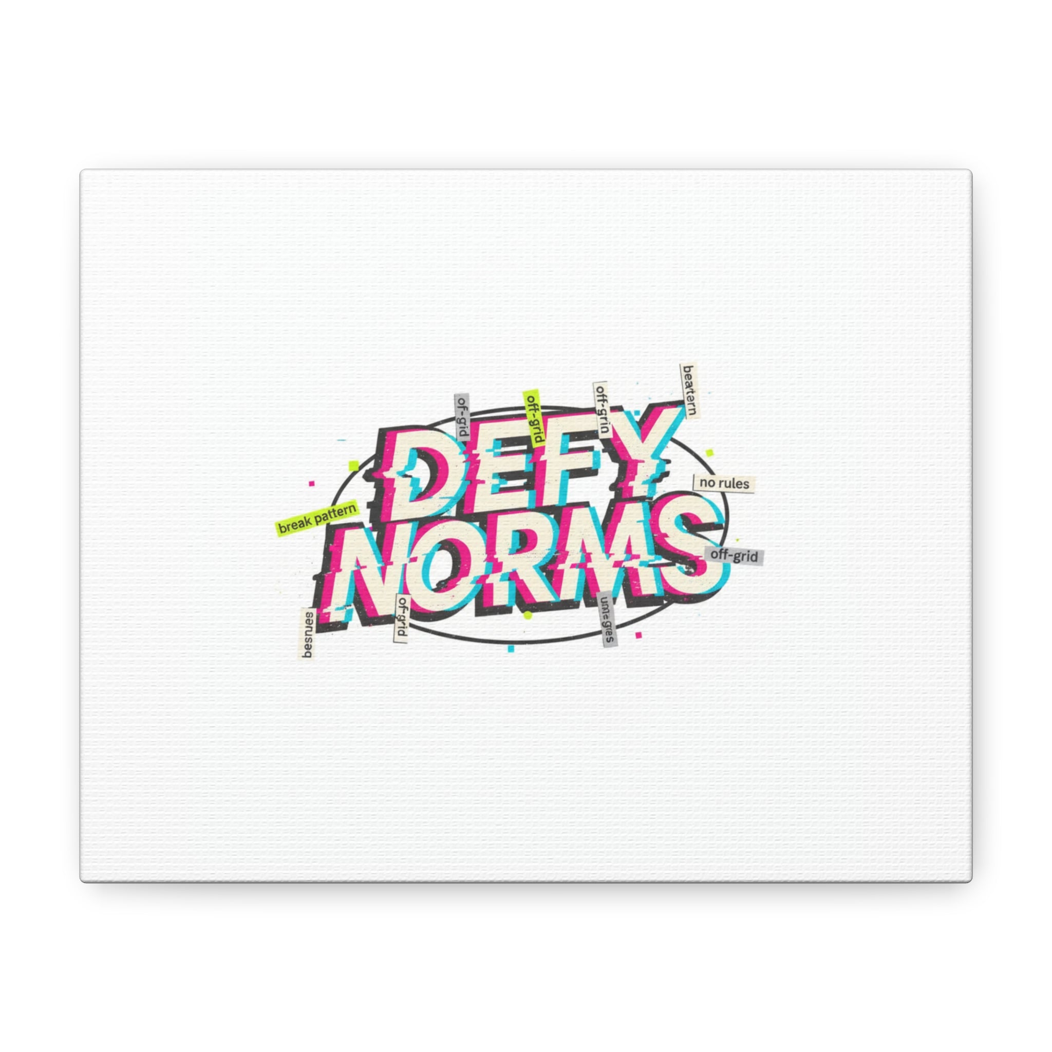 Defy Norms Canvas, Anti-Aesthetic Glitch Typography, Brutalist Poster Style