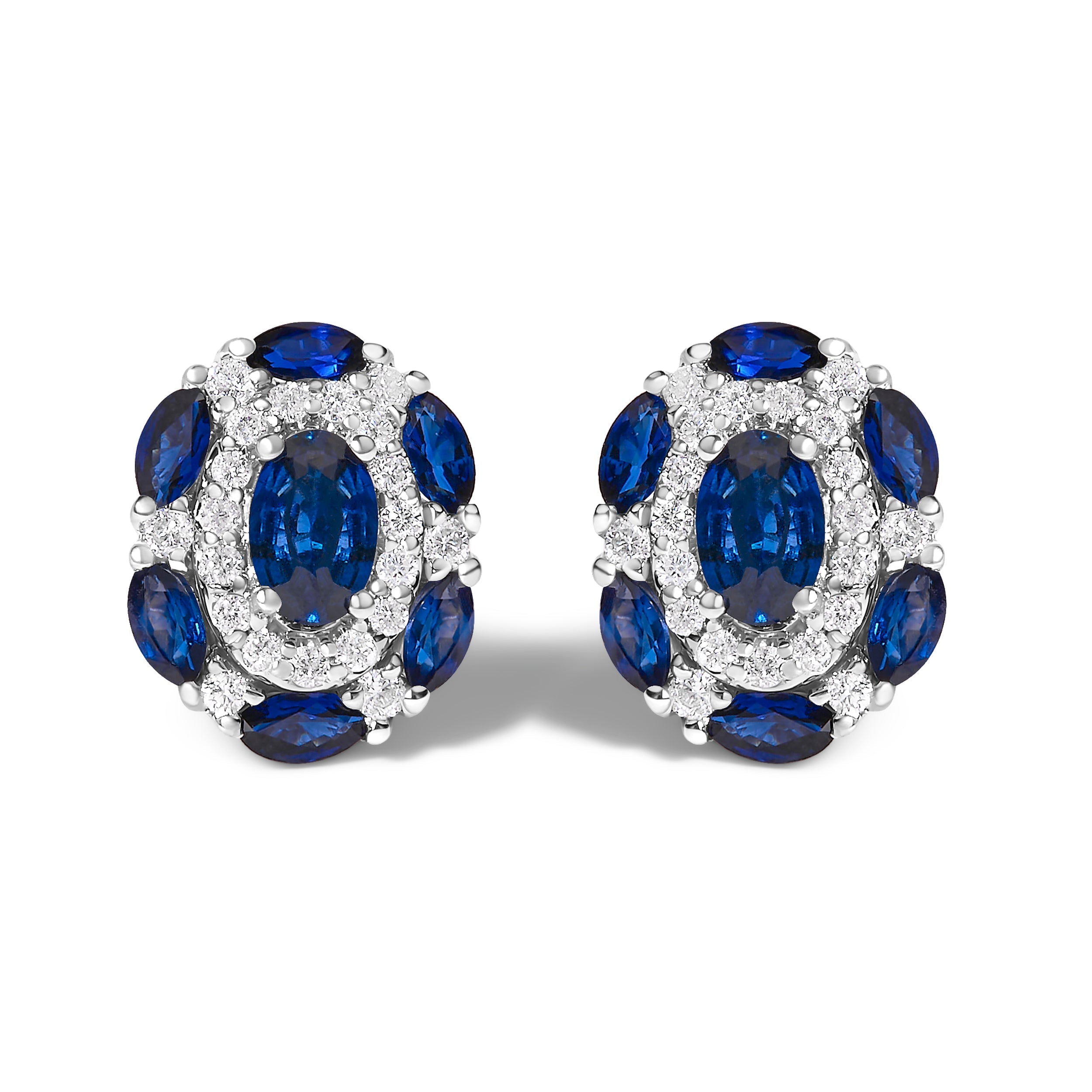 14K White Gold Blue Sapphire and Diamond Vintage Style Stud Earrings (G-H Color, SI2-I1 Clarity)