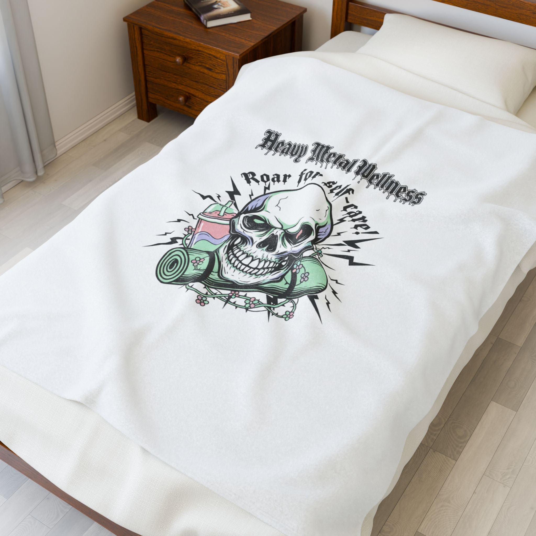 Heavy Metal Wellness Skull Self-Care Blanket | gothic wellness quote
