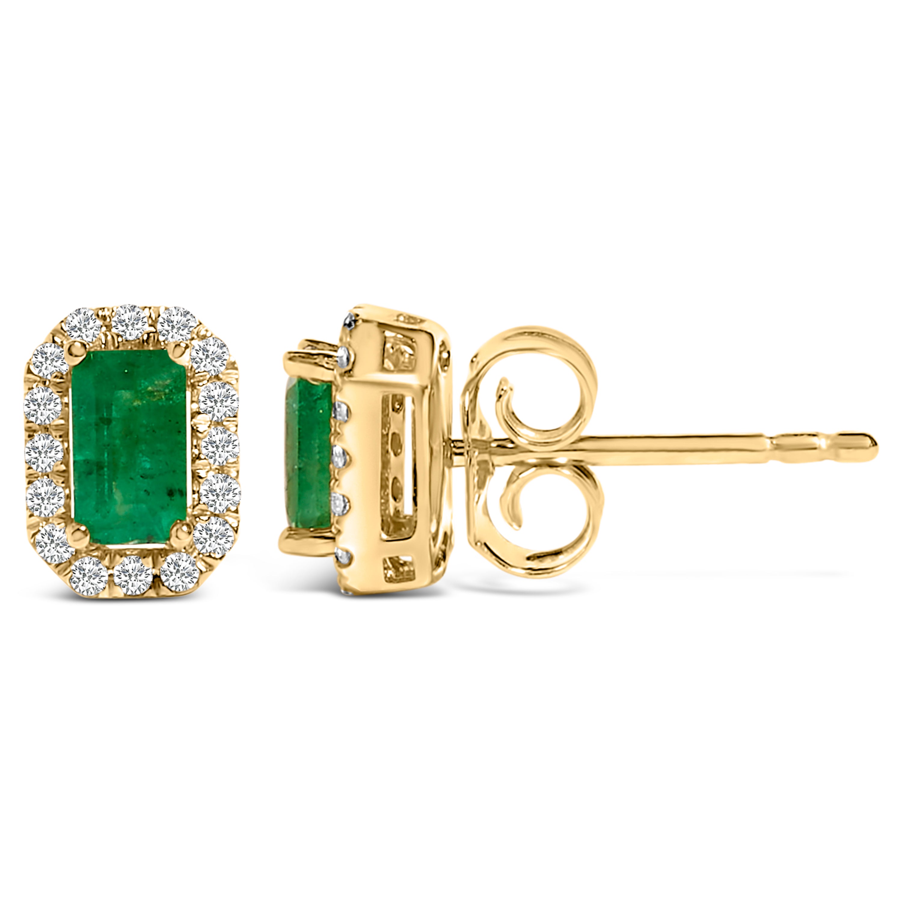 14K Yellow Gold Green Emerald and 1/8 Cttw Diamond Halo Octagonal Shaped Stud Earrings  (I-J Color, I1-I2 Clarity)