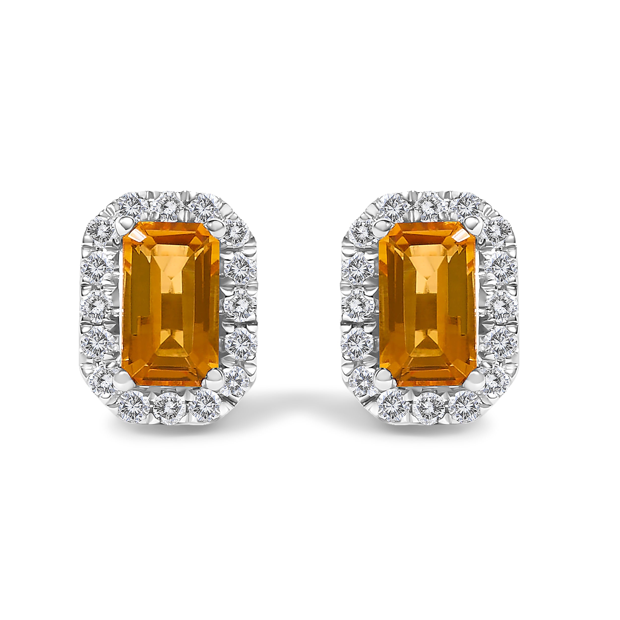 10K Yellow Gold 5x3mm Emerald-Cut Green Emerald and 1/7 Cttw Diamond Halo Octagonal Stud Earrings (I-J Color, I1-I2 Clarity)