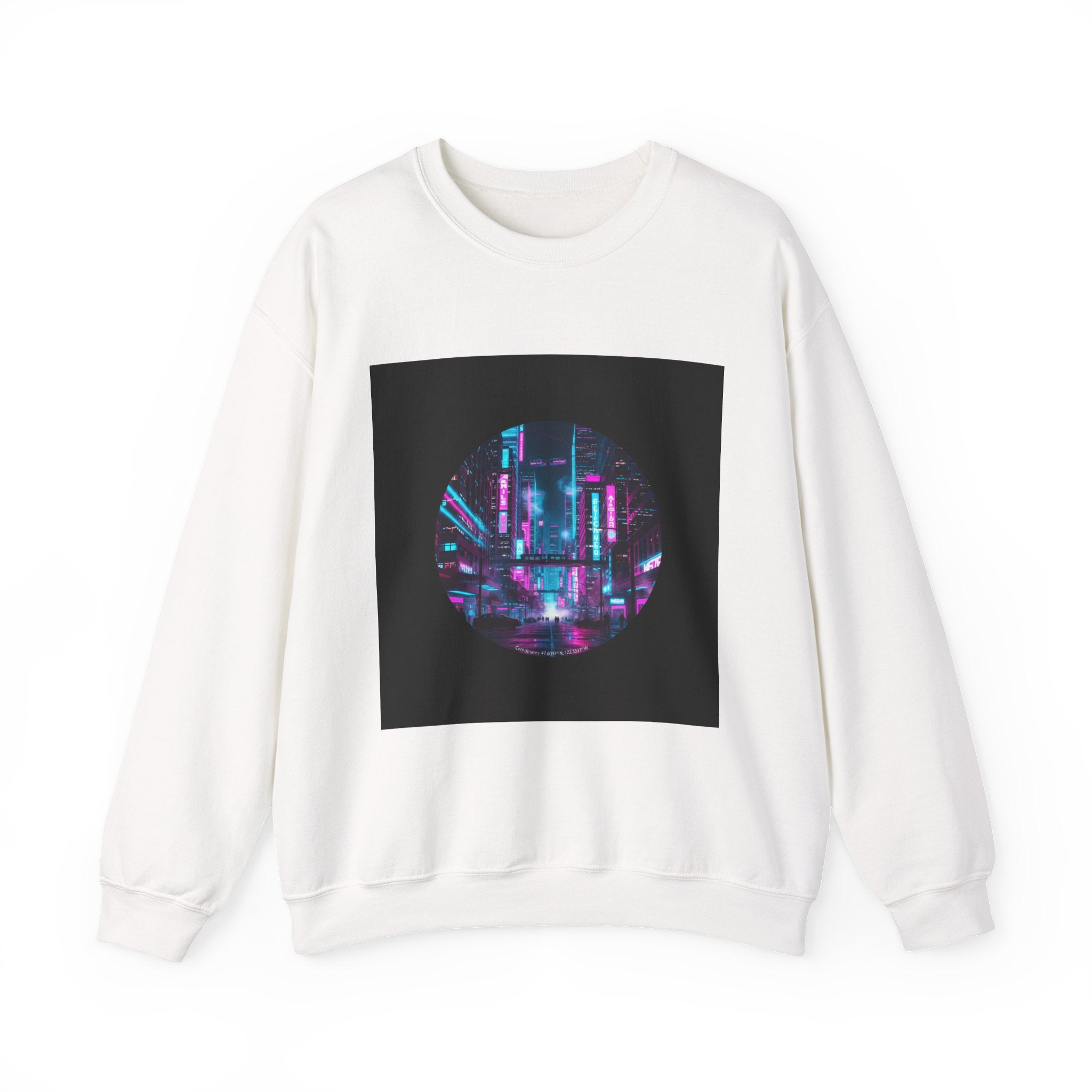 Neon Cyberpunk Skyline Sweatshirt | synthwave cityscape, future city art