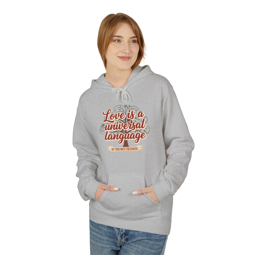 Hoodie — “Love is a Universal Language” Cozy Retro Cabin Graphic Hoodie