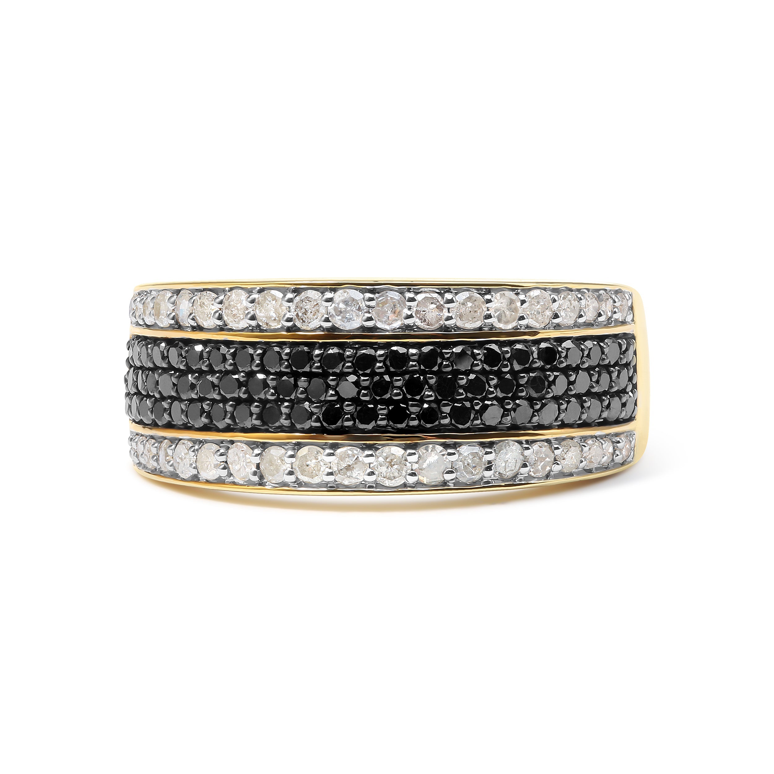 14K Yellow Gold Plated .925 Sterling Silver 1 1/4 Cttw White and Black Treated Diamond Multi Row Band (Black/I-J Color, I2-I3 Clarity) - Size 10