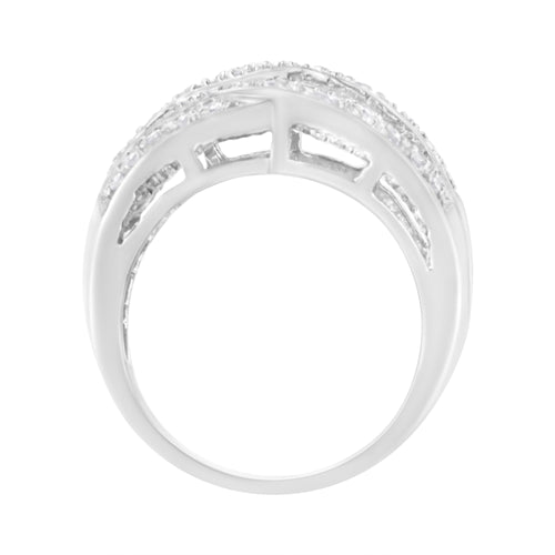 .925 Sterling Silver 1.0 Cttw Channel Set Alternating Round and Baguette Diamond Cross-over Bypass Ring Band (I-J Color, I2-I3 Clarity) - Size 7