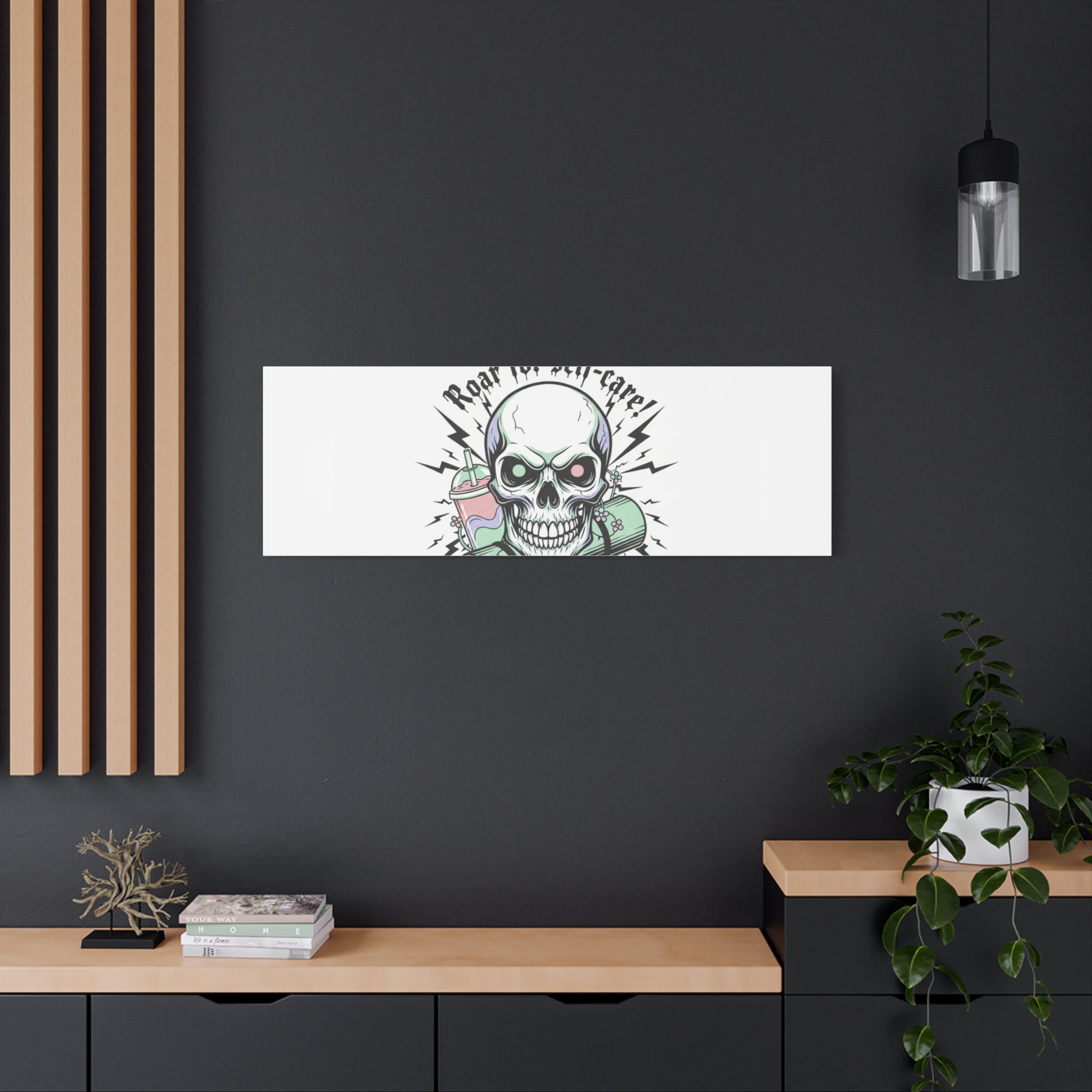 Roar for Self-Care Skull Canvas | heavy metal wellness, gothic wellness quote