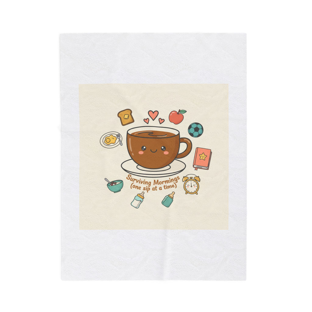Surviving Mornings Coffee Mug Illustration Velveteen Plush Blanket | Parenting Morning Humor
