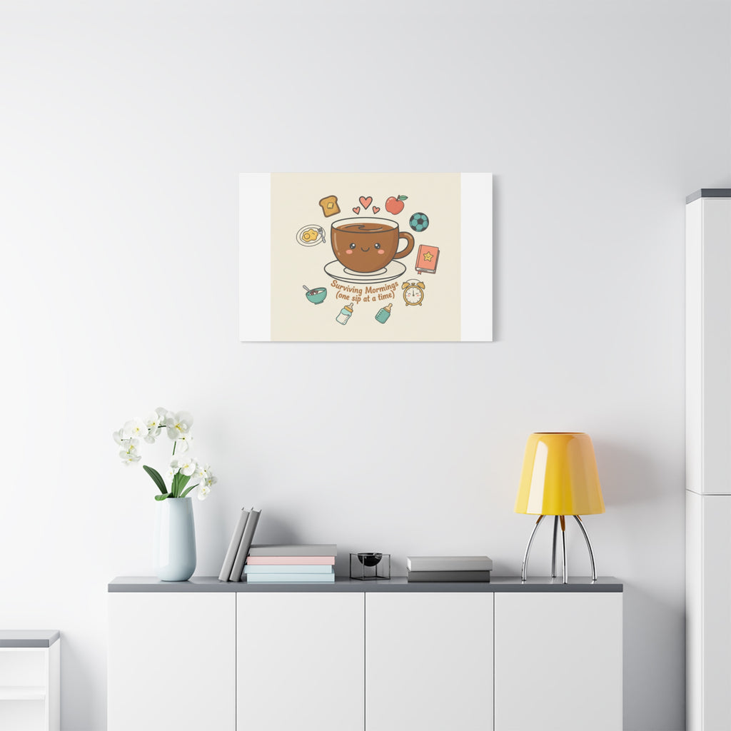 Surviving Mornings (One Sip at a Time) Canvas | Parenting Morning Humor, Coffee & Kids