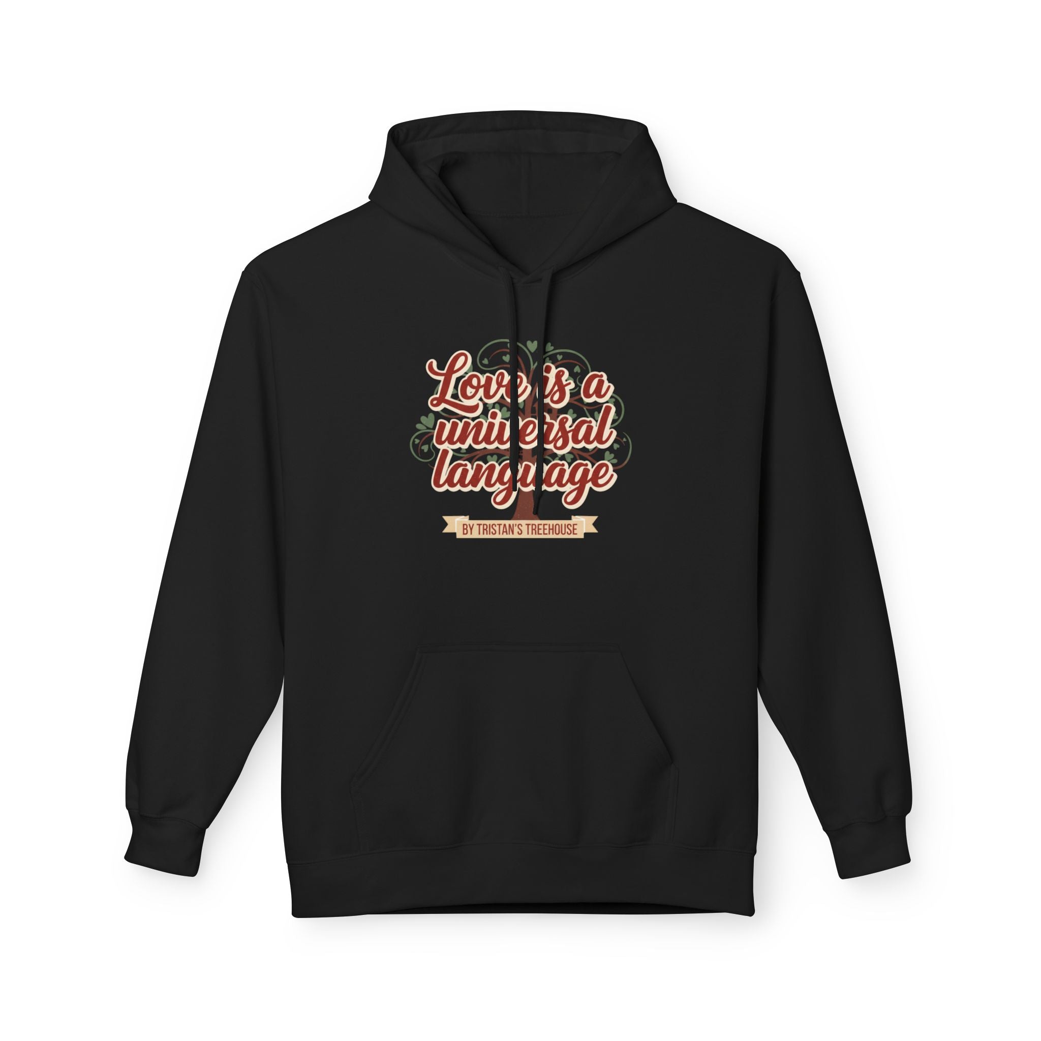 Hoodie — “Love is a Universal Language” Cozy Retro Cabin Graphic Hoodie