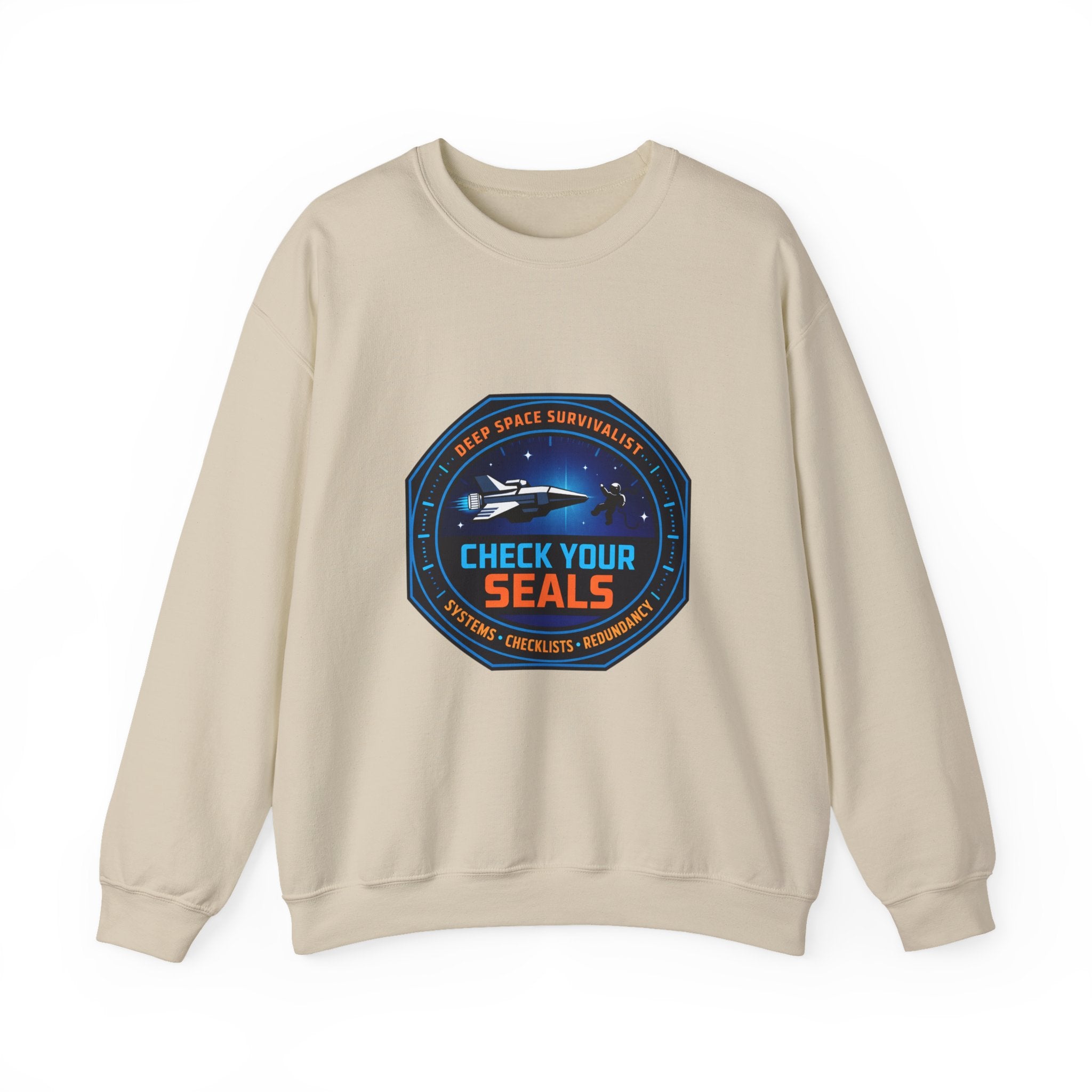 Check Your Seals Mission Patch Crewneck, hard sci‑fi space survival, mission patch sweatshirt