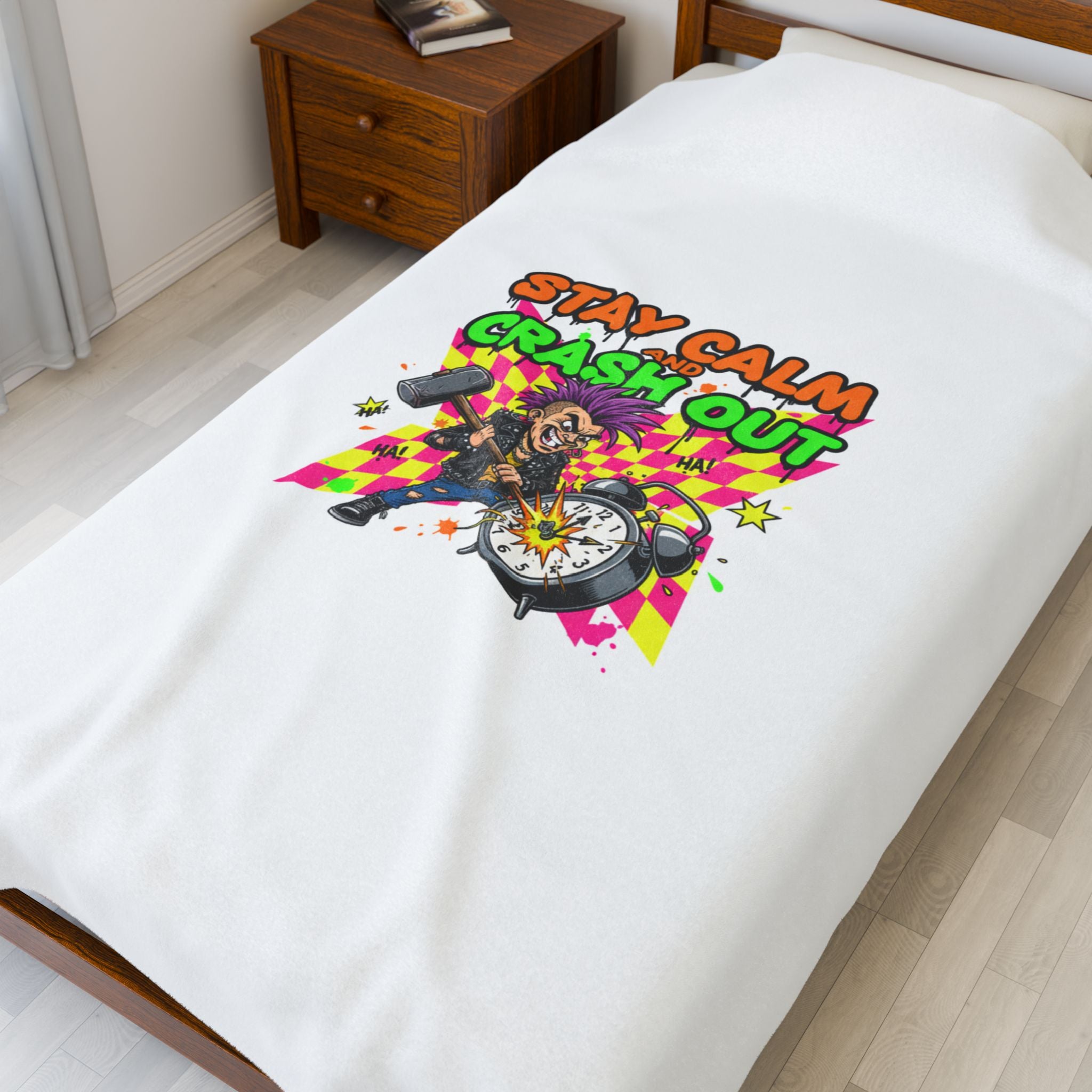 Stay Calm Crash Out Velveteen Blanket | neon skate graffiti, meltdown design