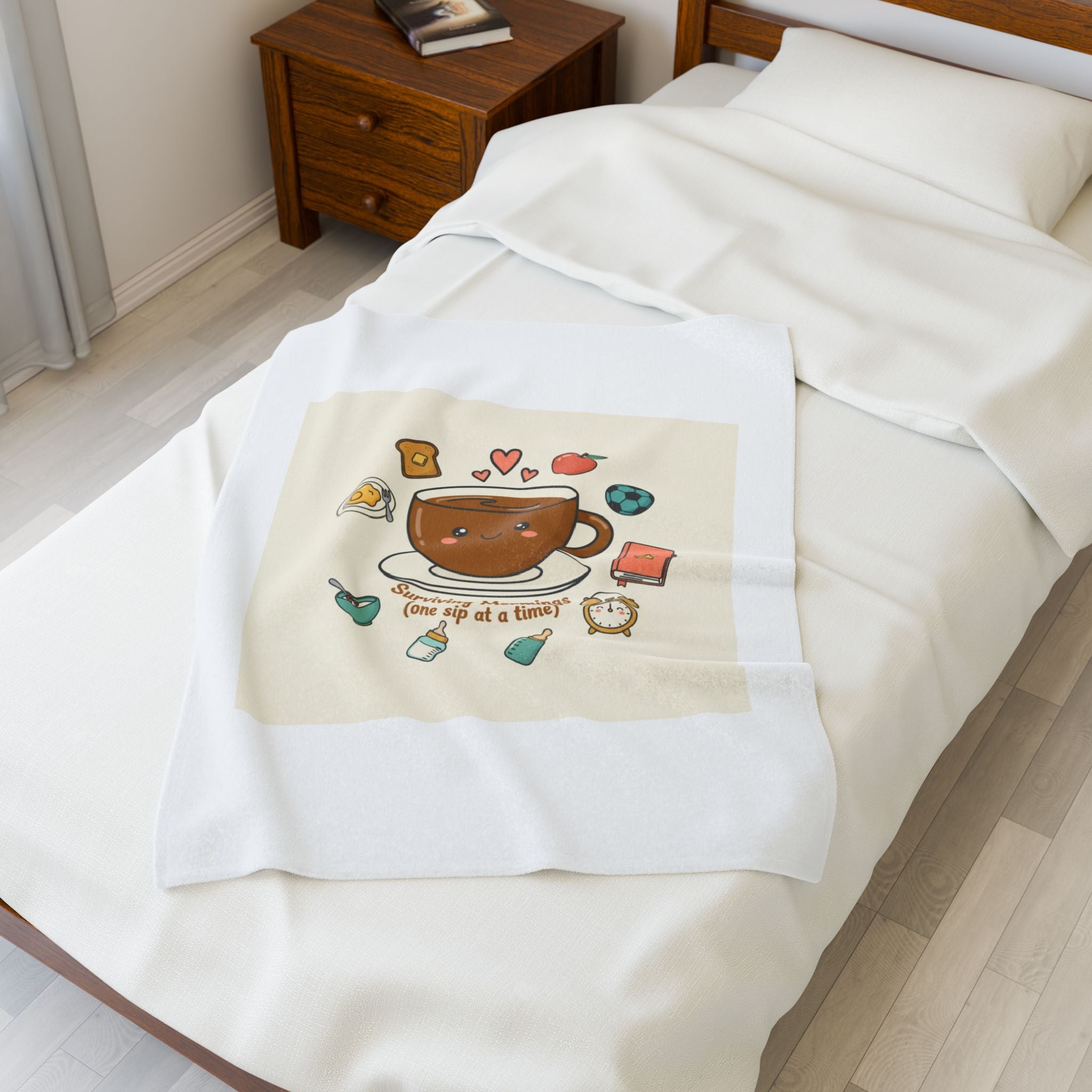 Surviving Mornings Coffee Mug Illustration Velveteen Plush Blanket | Parenting Morning Humor