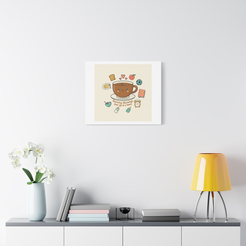 Surviving Mornings (One Sip at a Time) Canvas | Parenting Morning Humor, Coffee & Kids