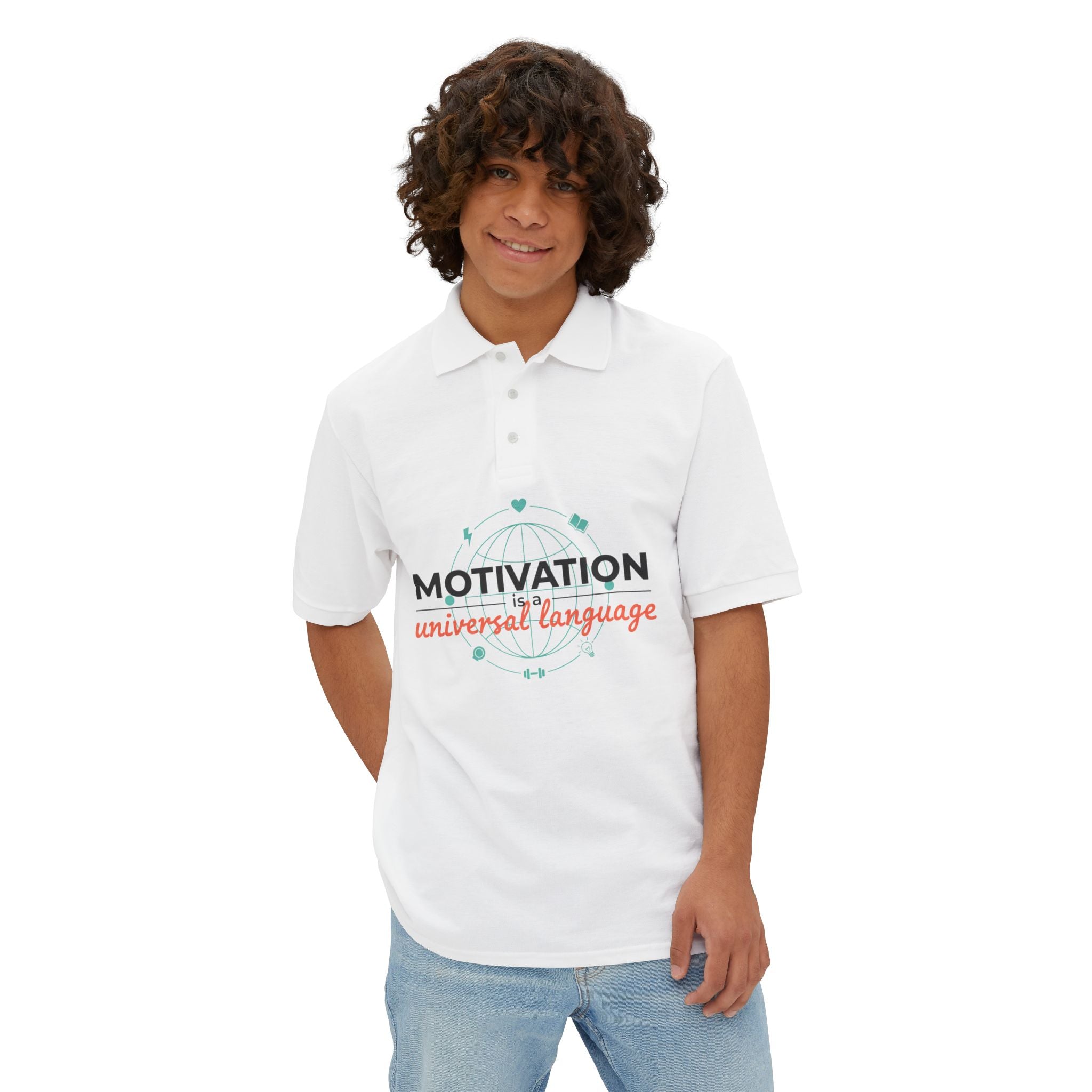 Motivation Is a Universal Language Polo — Tristan's Treehouse Men's Piqué