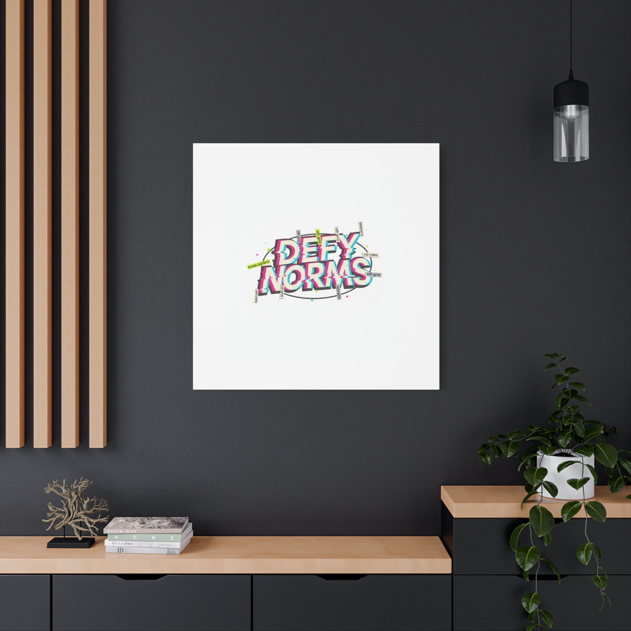 Defy Norms Canvas, Anti-Aesthetic Glitch Typography, Brutalist Poster Style