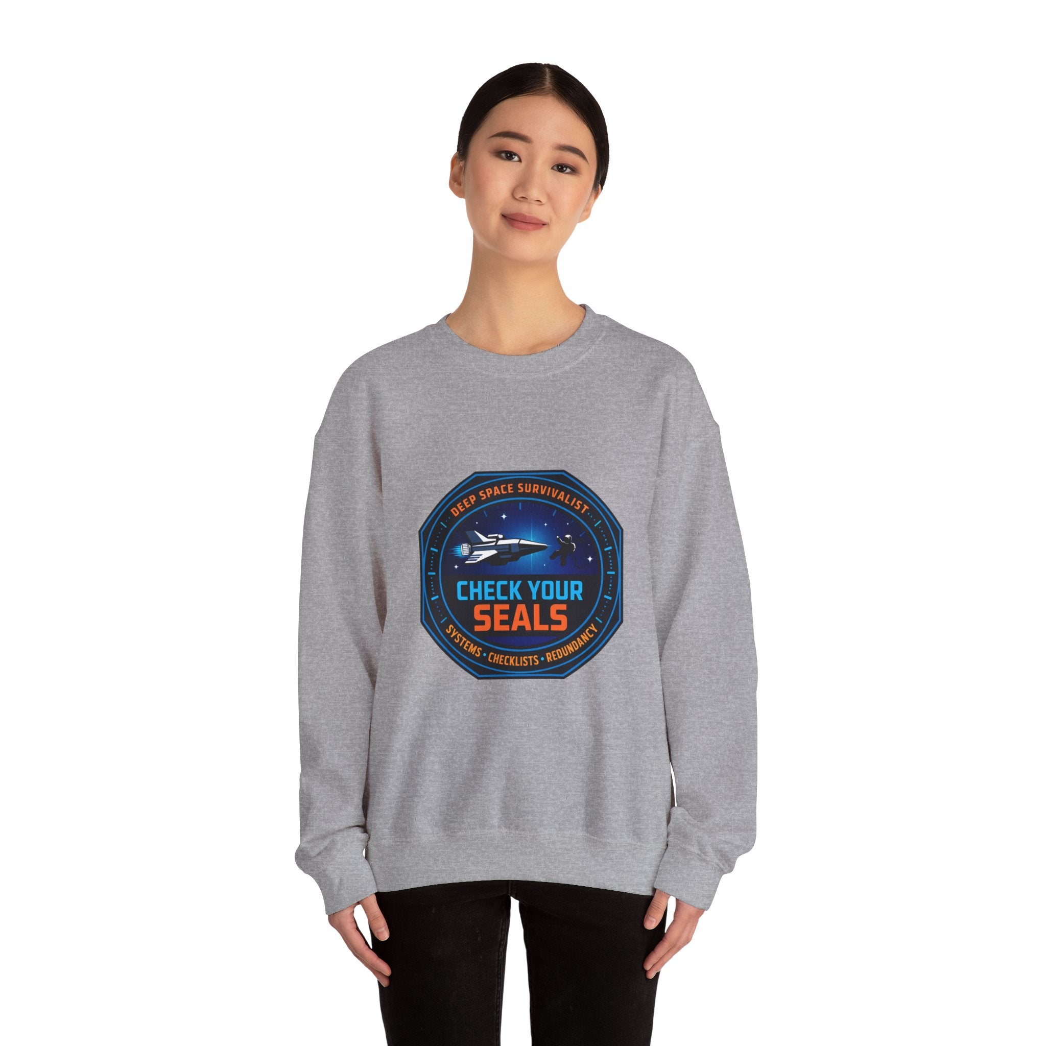 Check Your Seals Mission Patch Crewneck, hard sci‑fi space survival, mission patch sweatshirt